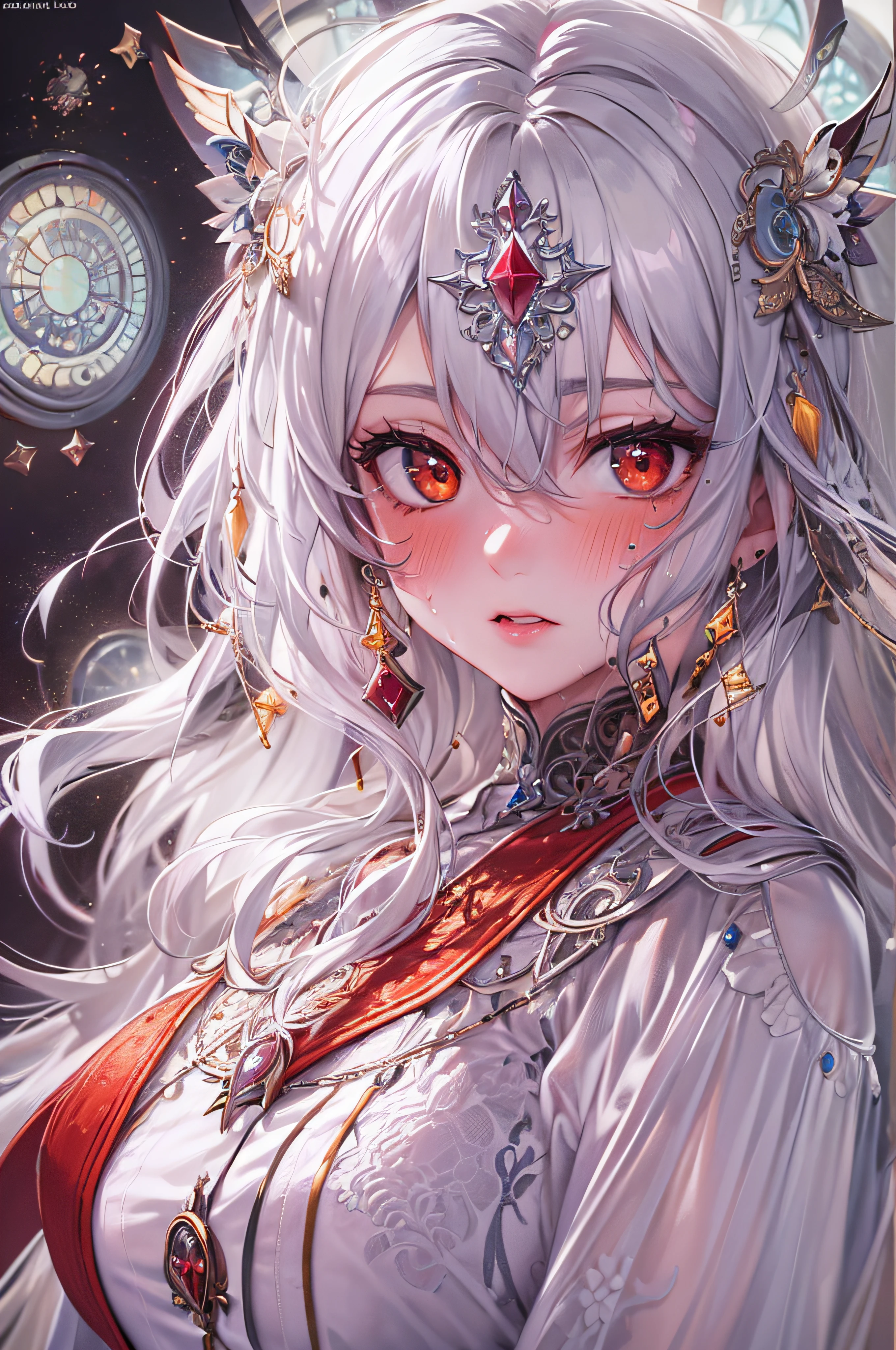 (masterpiece, top quality, best quality, official art, beautiful and aesthetic:1.2), (1girl:1.3), (fractal art:1.3),absurd, masterpiece, best quality, realistic, hyper-detailed, (shiny skin, sweaty:1.4), looking at viewer, slender, 1girl, solo, white sneakers, white miniskirt, straight long hair, princess cut, white hair, red eyes, (thick thighs:0.5), dynamic lighting, high resolution, sharp focus, depth of field, medium breasts, side boob, vampire, masterpiece, best quality, ultra-detailed, illustration, ultra-detailed face, best quality face, evil, 18 years old, adult, 1girl, 18 years old, white hair, alchemy outfit, intricate detailed outfit, sexy pose, glowing red dress, cute, kawaii, digital art, finely detailed eyes, blushing, red cheeks