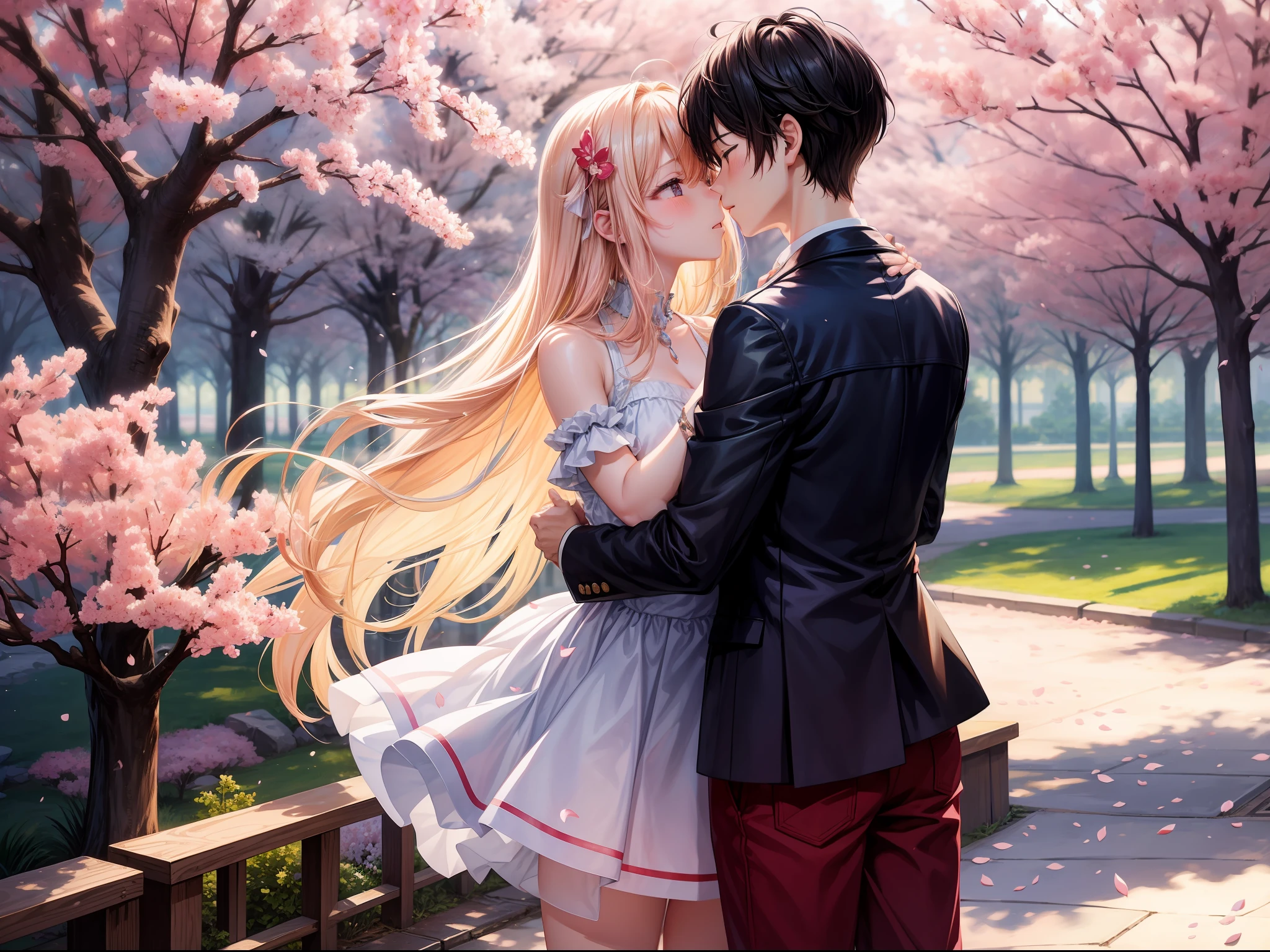 An anime scene of a boy and girl hugging and kissing intensely, with hearts and sparkles floating around them as they stand under the cherry blossoms in a dreamy park