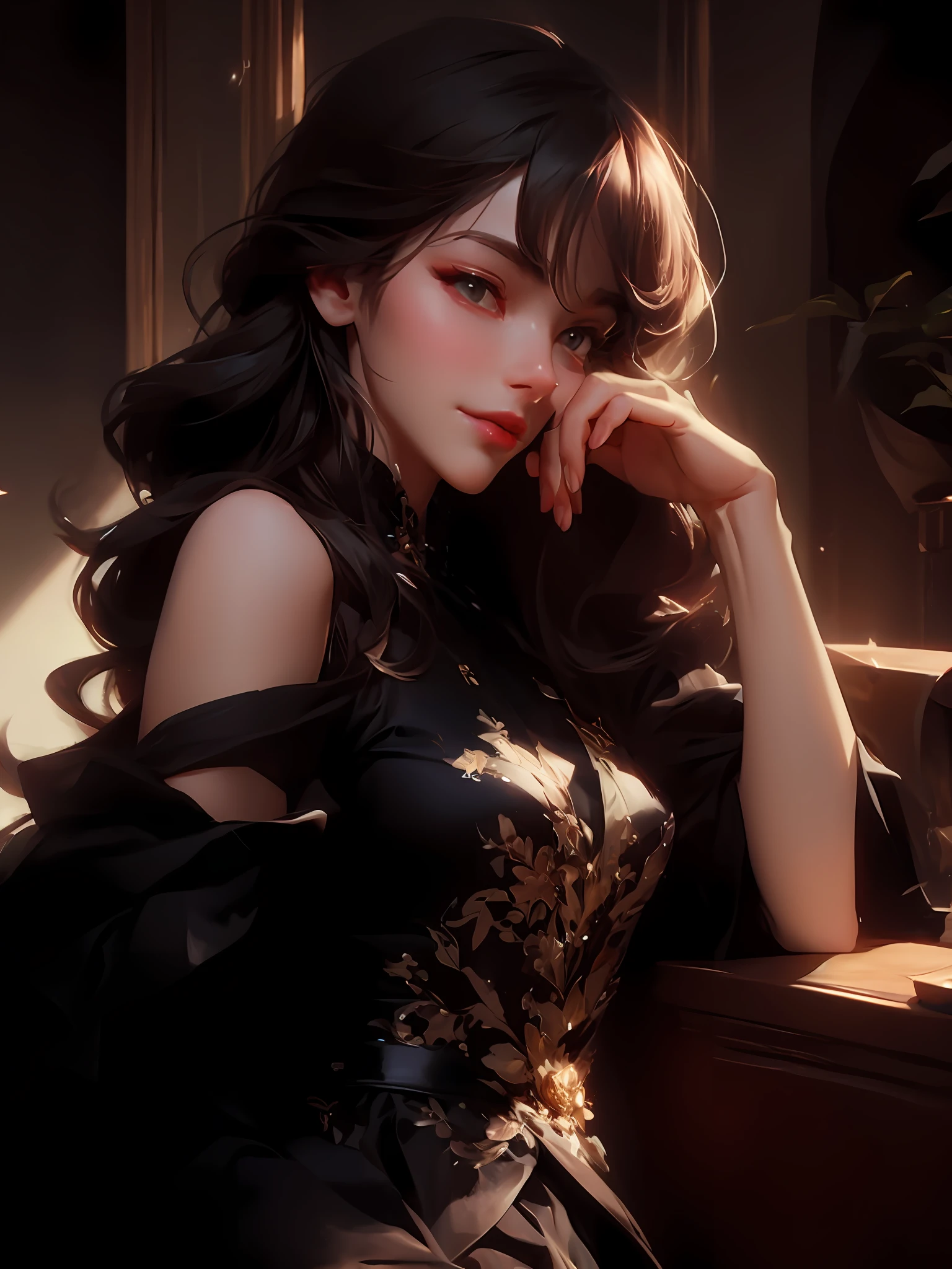 there is a woman that is sitting down with her hand on her chin, digital art of an elegant, artwork in the style of guweiz, elegant digital painting, inspired by Yanjun Cheng, exquisite digital illustration, in the art style of bowater, style in digital painting, beautiful digital illustration, guweiz, by Yang J, beautiful character painting,((Best quality)), ((masterpiece)), (detailed:1.4), 3D, an image of a beautiful female,HDR (High Dynamic Range),Ray Tracing,NVIDIA RTX,Super-Resolution,Unreal 5,Subsurface scattering,PBR Texturing,Post-processing,Anisotropic Filtering,Depth-of-field,Maximum clarity and sharpness,Multi-layered textures,Albedo and Specular maps,Surface shading,Accurate simulation of light-material interaction,Perfect proportions,Octane Render,Two-tone lighting,Wide aperture,Low ISO,White balance,Rule of thirds,8K RAW,