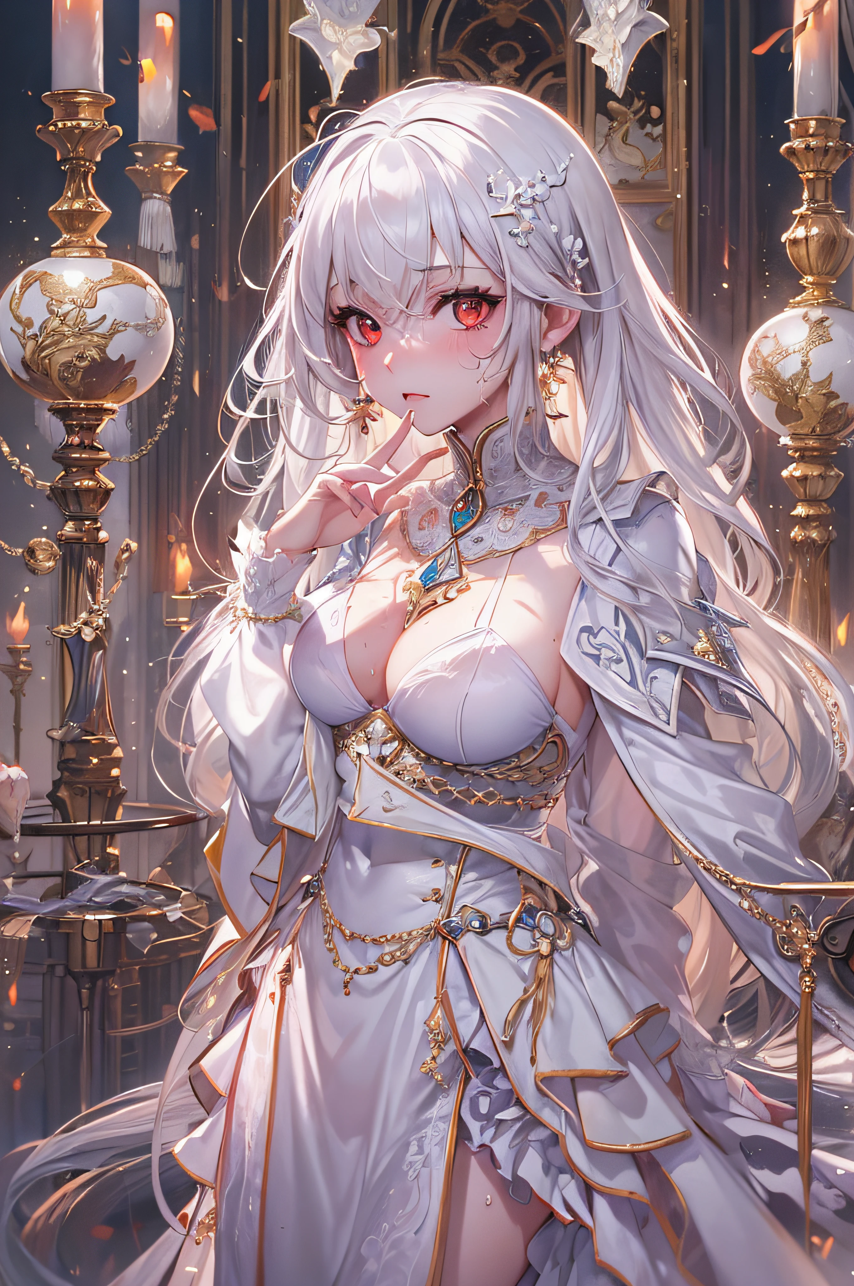 (masterpiece, top quality, best quality, official art, beautiful and aesthetic:1.2), (1girl:1.3), (fractal art:1.3),absurd, masterpiece, best quality, realistic, hyper-detailed, (shiny skin, sweaty:1.4), looking at viewer, slender, 1girl, solo, white sneakers, white miniskirt, straight long hair, princess cut, white hair, red eyes, (thick thighs:0.5), dynamic lighting, high resolution, sharp focus, depth of field, medium breasts, side boob, vampire, masterpiece, best quality, ultra-detailed, illustration, ultra-detailed face, best quality face, evil, 18 years old, adult, 1girl, 18 years old, white hair, alchemy outfit, intricate detailed outfit, sexy pose, glowing red dress, cute, kawaii, digital art, finely detailed eyes, blushing, red cheeks