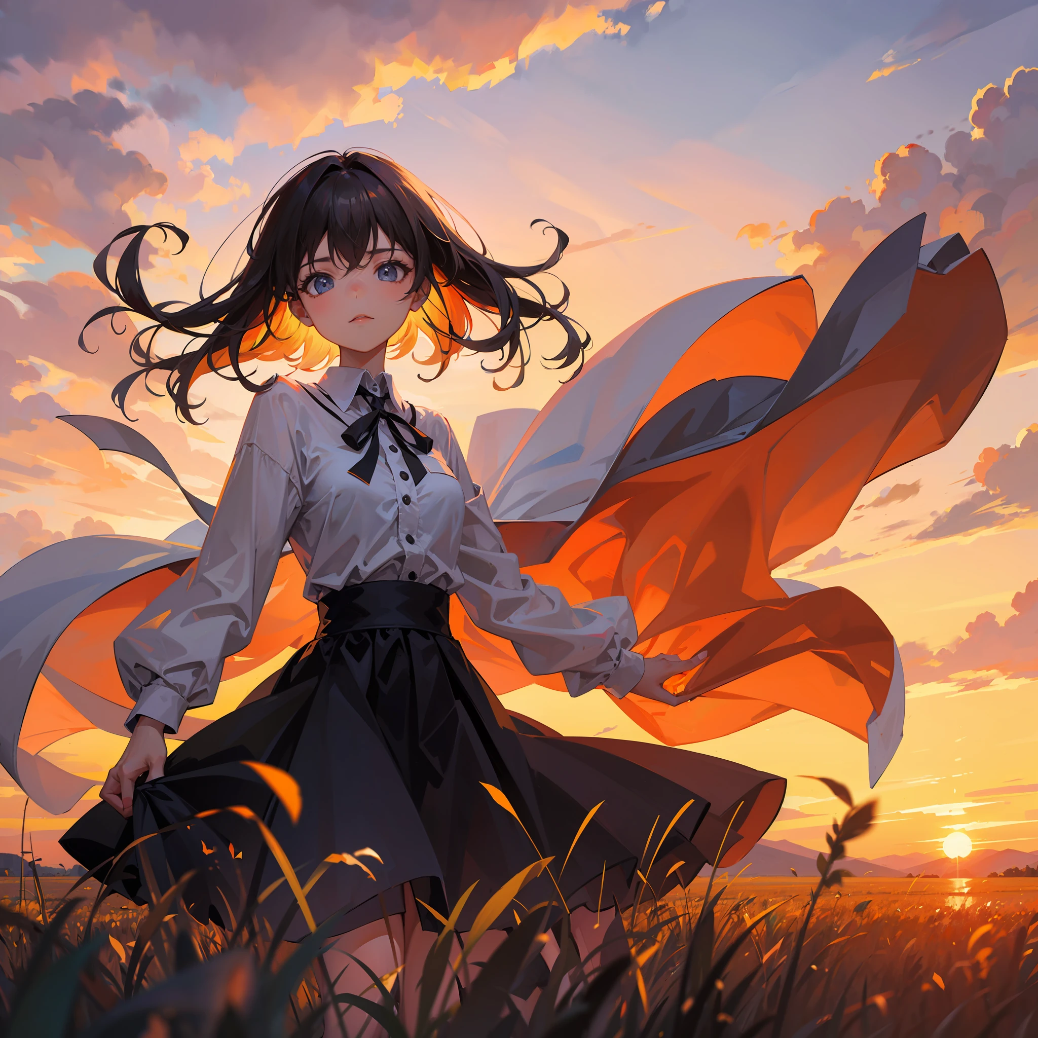 girl standing in field, closeup, portrait, clouds, sunrise