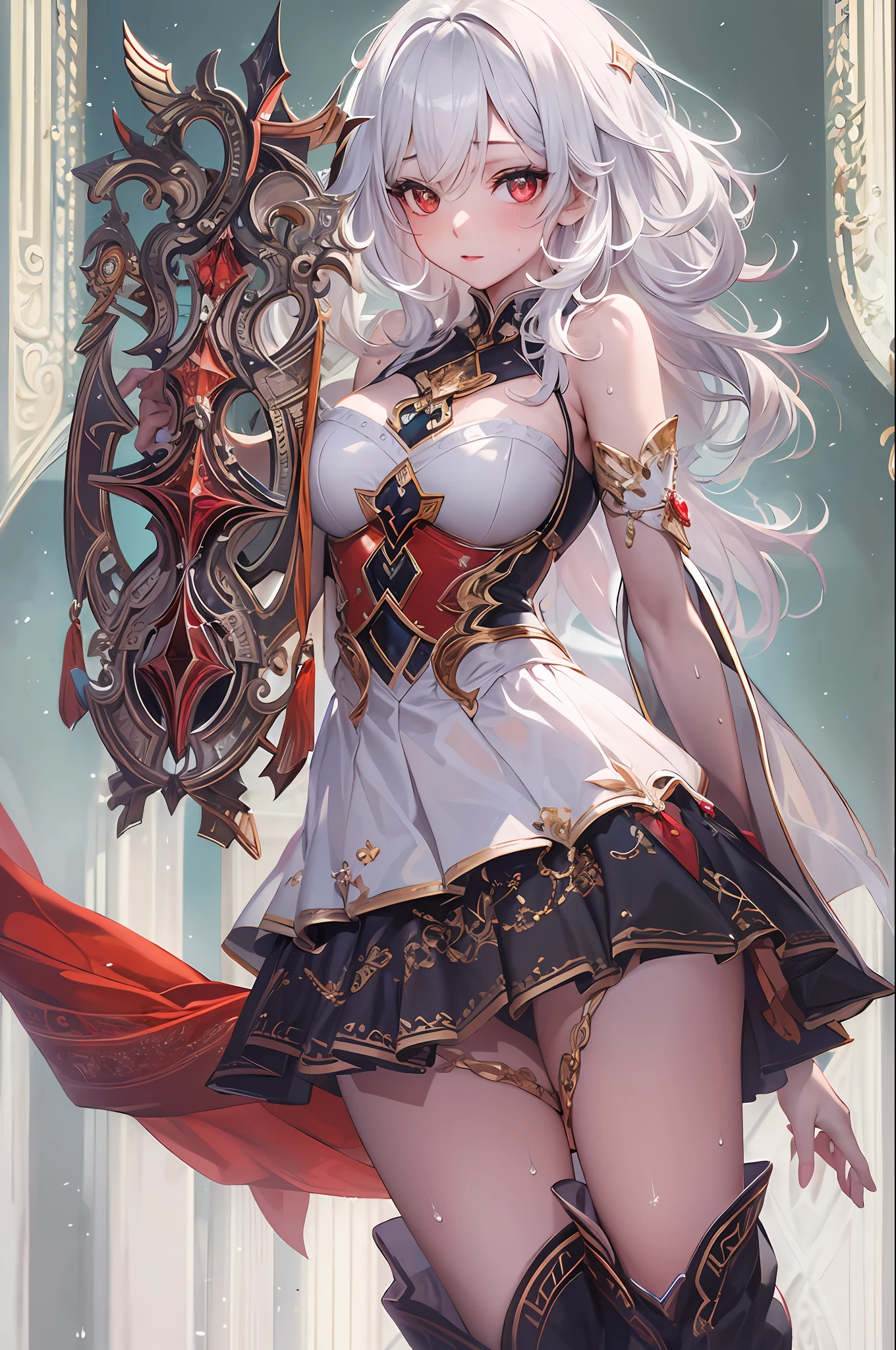 (masterpiece, top quality, best quality, official art, beautiful and aesthetic:1.2), (1girl:1.3), (fractal art:1.3),absurd, masterpiece, best quality, realistic, hyper-detailed, (shiny skin, sweaty:1.4), looking at viewer, slender, 1girl, solo, white sneakers, white miniskirt, straight long hair, princess cut, white hair, red eyes, (thick thighs:0.5), dynamic lighting, high resolution, sharp focus, depth of field, medium breasts, side boob, vampire, masterpiece, best quality, ultra-detailed, illustration, ultra-detailed face, best quality face, evil, 18 years old, adult, 1girl, 18 years old, white hair, alchemy outfit, intricate detailed outfit, sexy pose, glowing red dress, cute, kawaii, digital art, finely detailed eyes, blushing, red cheeks