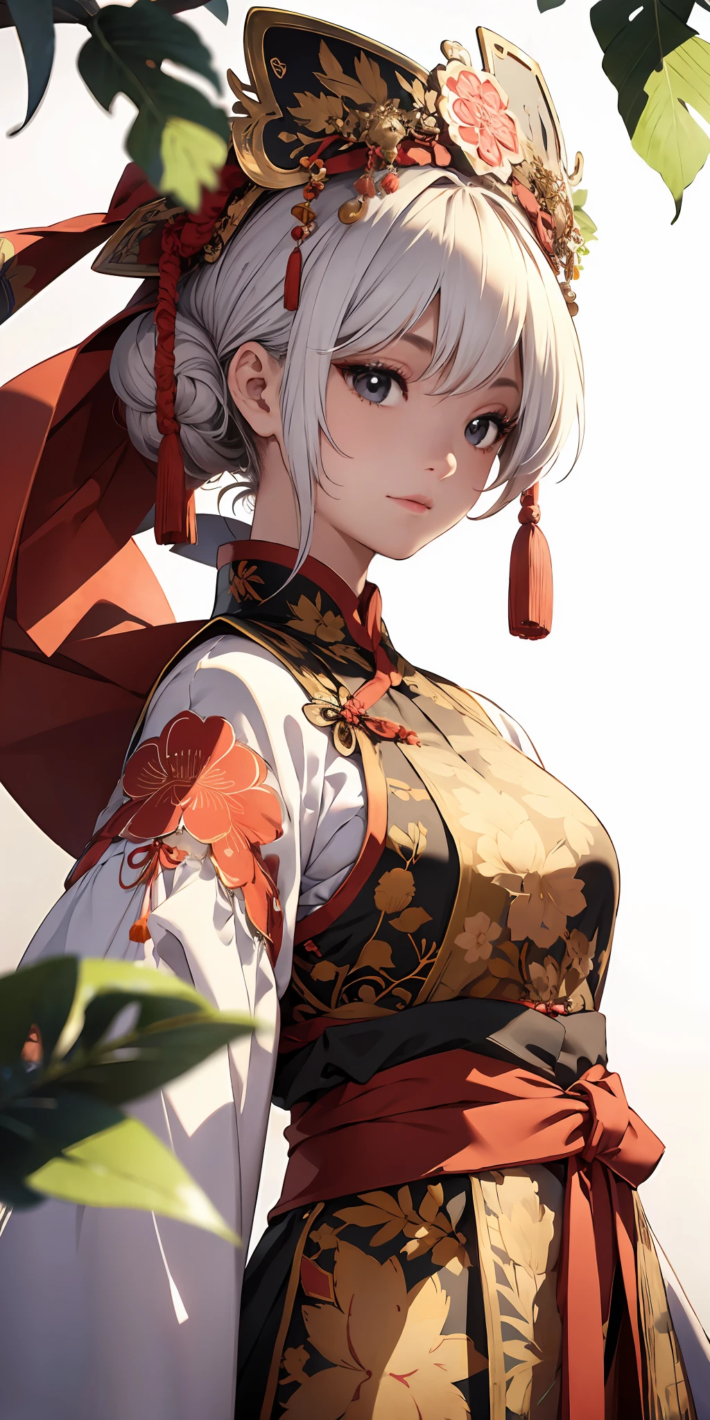 A girl, ancient Chinese costume, whole body, sunshine, clear face, clean white background, masterpiece, super detail, epic composition, ultra HD, high quality, extremely detailed, official art, uniform 8k wallpaper, super detail, 32k