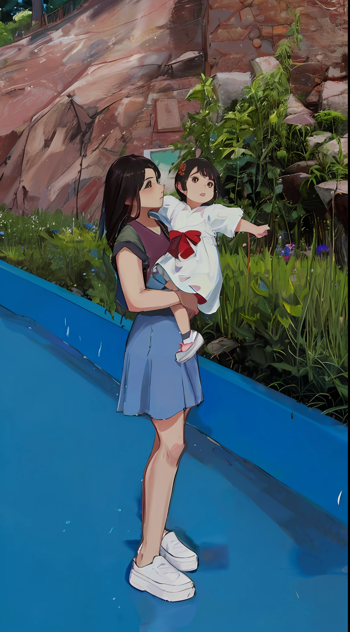 there is a woman holding a baby in her arms, With a child, at park, jinyiwei, walking at the garden, zmonzheng, Li Zixin, with a park in the back ground, she has a distant expression,