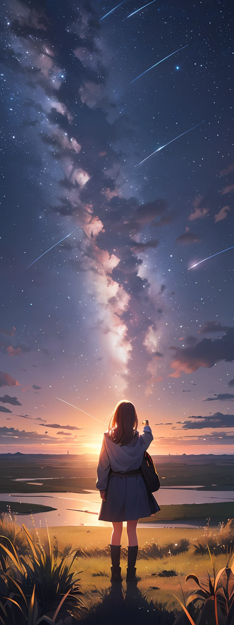 Vast landscape photos, a girl standing on a prairie looking up at the sky, shooting stars, fireflies, dreams