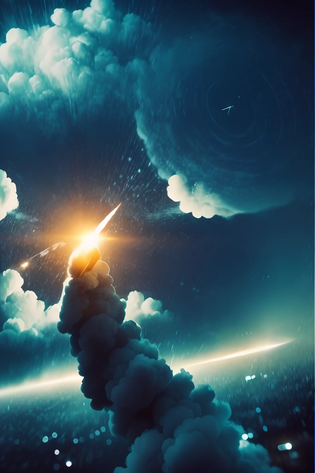 (film photo:1.3) af (Realistic:1.3),Missiles in the sky fly towards targets formed by clouds, Bokeh, Light particles, monochrome, Highly detailed painting,(dark hues:1.3),thematic background