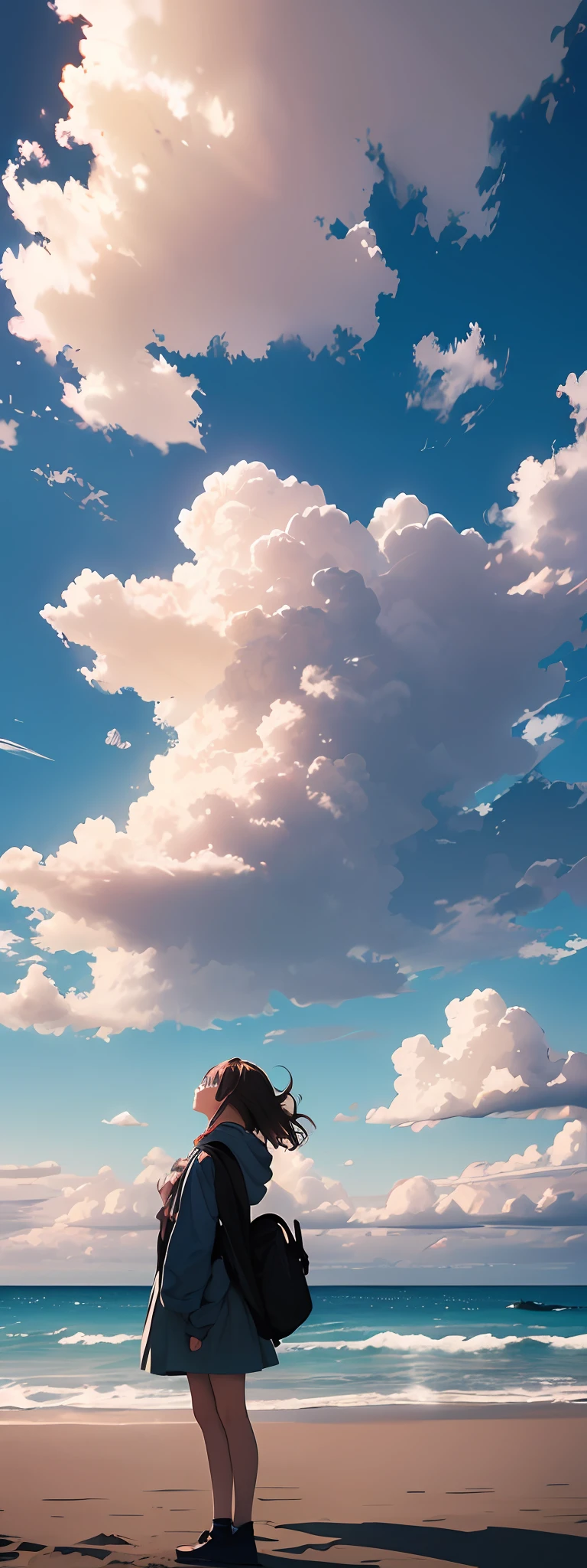 Vast landscape photo, girl standing on sandy beach looking up at sky, clouds, sea, blue sky