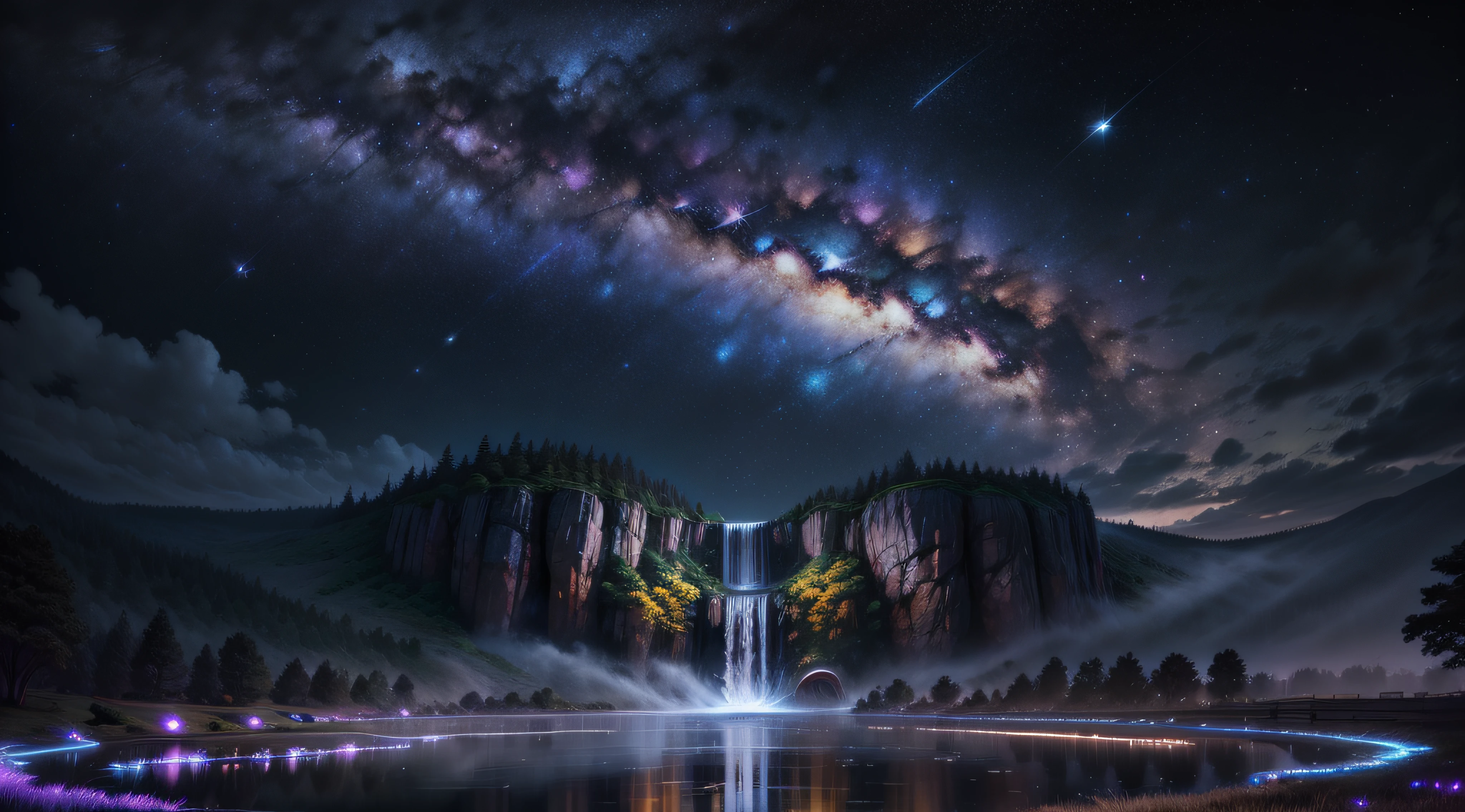 Ultra Wide Shot、starrysky、A 30-meter-high waterfall flows through it、 Large pond、Skysky, natta, milkyway, nigh sky, colorful scenery、natta、Milky Way Lots of Stars、Shining stars、８Ｋ、４Ｋ、超A high resolution、vivid hues、Colorful