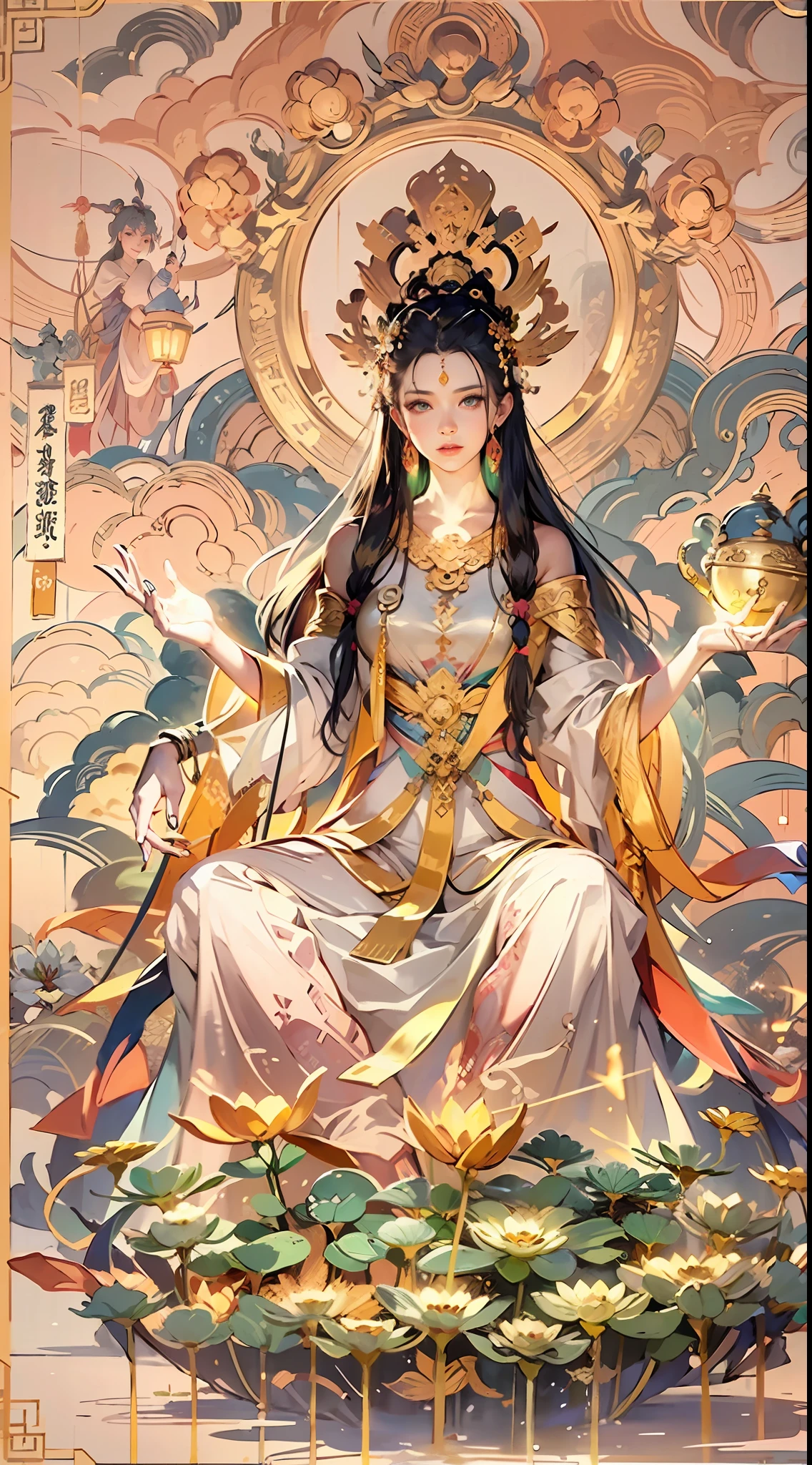 (Chinese immortals), (Buddhism), Multip_Hands,(mythological stories), (bodhisattva), She sits on a lotus, (Six arms stretched out from her back, Each hand holds a different Buddhist vessel, left right symmetry),(Delicate and beautiful face), (White silk robe)sitting on a lotus flower, Frontal photo,Light smile, neo-classical, OP Art, Chiaroscuro, Cinematic lighting, god light, Ray tracing, character sheets, projected inset, first person perspective, hyper HD, Masterpiece, ccurate, Textured skin, Super detail, High details, High quality, Award-Awarded, Best quality, A high resolution, 8K