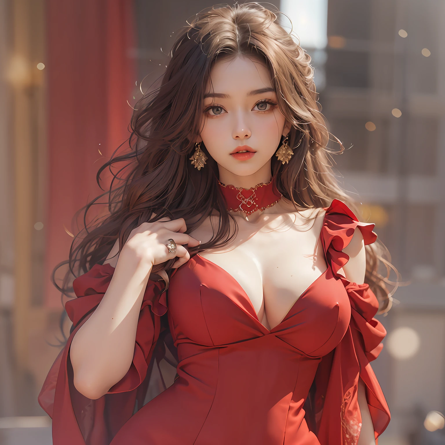 (Best quality), (Masterpiece), (1girl), beautiful girl, perfect face, perfect body, big breast, red dress, sexy dress, stand, posing