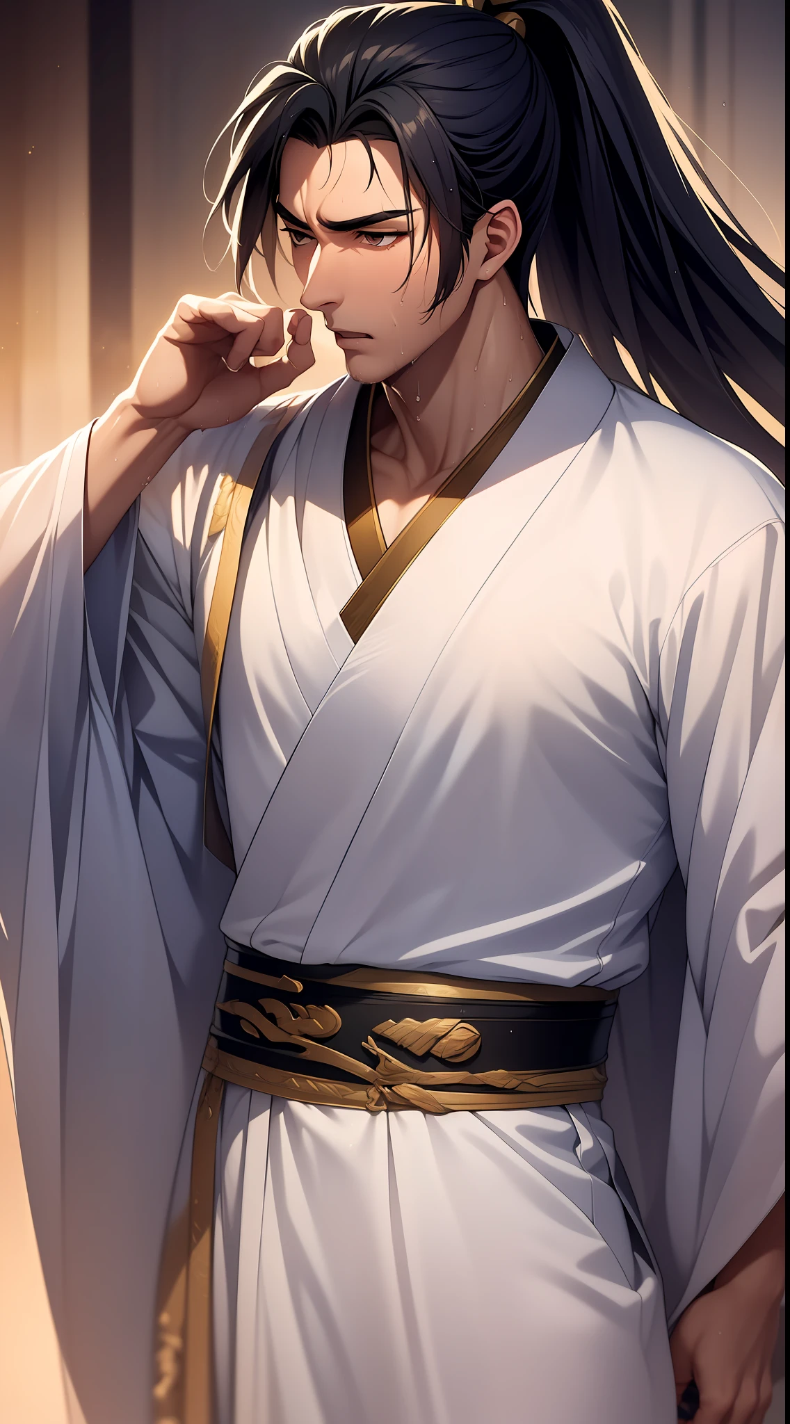Two-dimensional, anime style, man (male warrior), muscle, correct proportions, face details, martial arts, high ponytail hairstyle, sweating, sweaty face, drooling, neck details, with Adam's apple, wet, wet, Hanfu costume, long robe, embroidered robe, dragon robe, clothing details, collar, long sleeves, game quality, swordsman demeanor, light and shadow tracing, ray tracing, detail glow, CG rendering, hair details, long black hair, golden eyes, sweaty face, handsome, handsome, sweat beads slipping down the neck, (juvenile feeling), complex clothing, wet, wet, perfect composition, refinement, high quality, more details, a lot of details, complex background, atmosphere,
