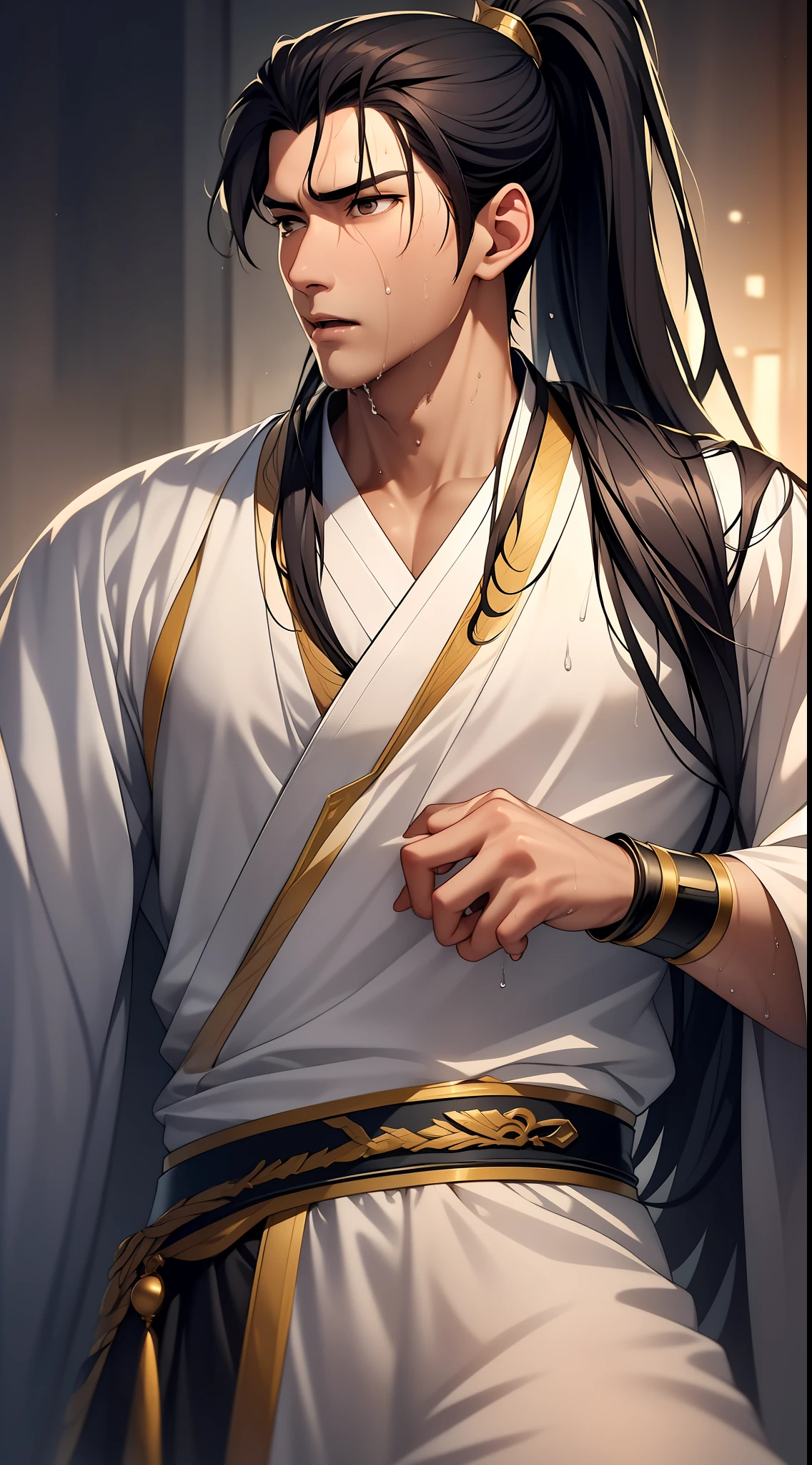Two-dimensional, anime style, man (male warrior), muscle, correct proportions, face details, martial arts, high ponytail hairstyle, sweating, sweaty face, drooling, neck details, with Adam's apple, wet, wet, Hanfu costume, long robe, embroidered robe, dragon robe, clothing details, collar, long sleeves, game quality, swordsman demeanor, light and shadow tracing, ray tracing, detail glow, CG rendering, hair details, long black hair, golden eyes, sweaty face, handsome, handsome, sweat beads slipping down the neck, (juvenile feeling), complex clothing, wet, wet, perfect composition, refinement, high quality, more details, a lot of details, complex background, atmosphere,