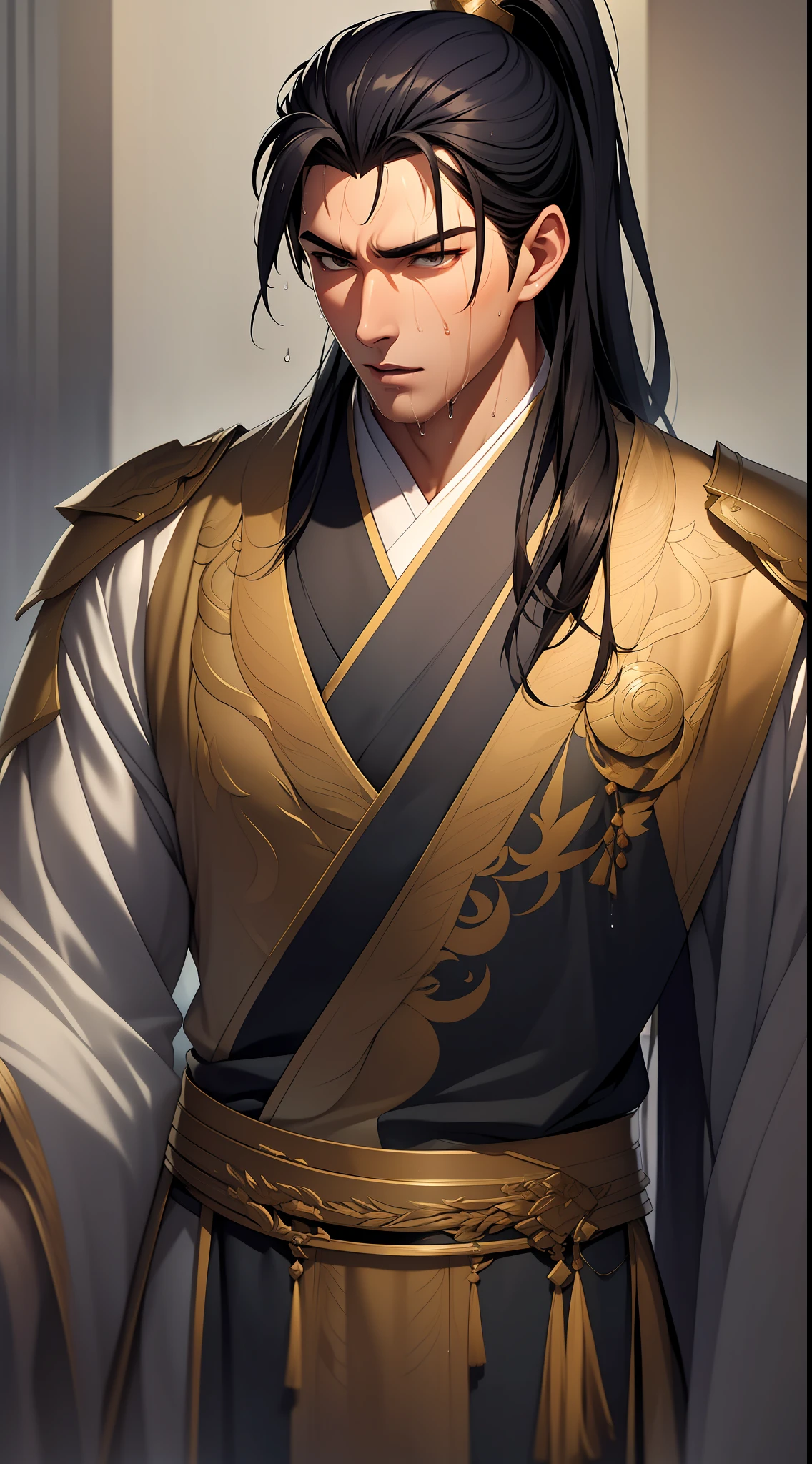 Two-dimensional, anime style, man (male warrior), muscle, correct proportions, face details, martial arts, high ponytail hairstyle, sweating, sweaty face, drooling, neck details, with Adam's apple, wet, wet, Hanfu costume, long robe, embroidered robe, dragon robe, clothing details, collar, long sleeves, game quality, swordsman demeanor, light and shadow tracing, ray tracing, detail glow, CG rendering, hair details, long black hair, golden eyes, sweaty face, handsome, handsome, sweat beads slipping down the neck, (juvenile feeling), complex clothing, wet, wet, perfect composition, refinement, high quality, more details, a lot of details, complex background, atmosphere,