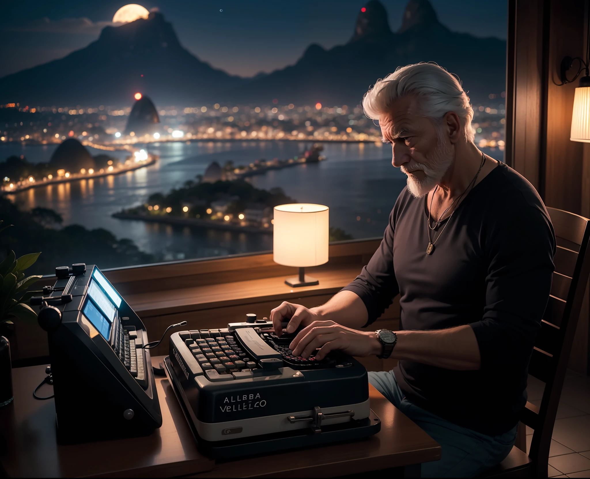 Homem velho, cabelos e batba brancos, serious expression writing on his typewriter, sentado na varanda de sua casa, In the background as the Sugar Loaf, rio de janeiro, Noite escura, contemporary style, 8k, maximum detailed, alta qualidade
