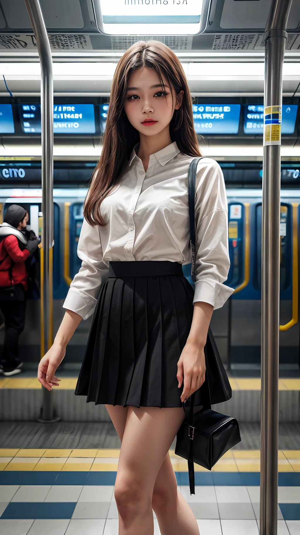 (1girl), solo, beautiful(eyes, face), looking_at_viewer, wearing(white-shirt, red-skirt), photo(medium), standing, (straight-on:1.25), background(futuristic-metro_station, blurry:1.35), (photorealistic, absurdres, best_quality),