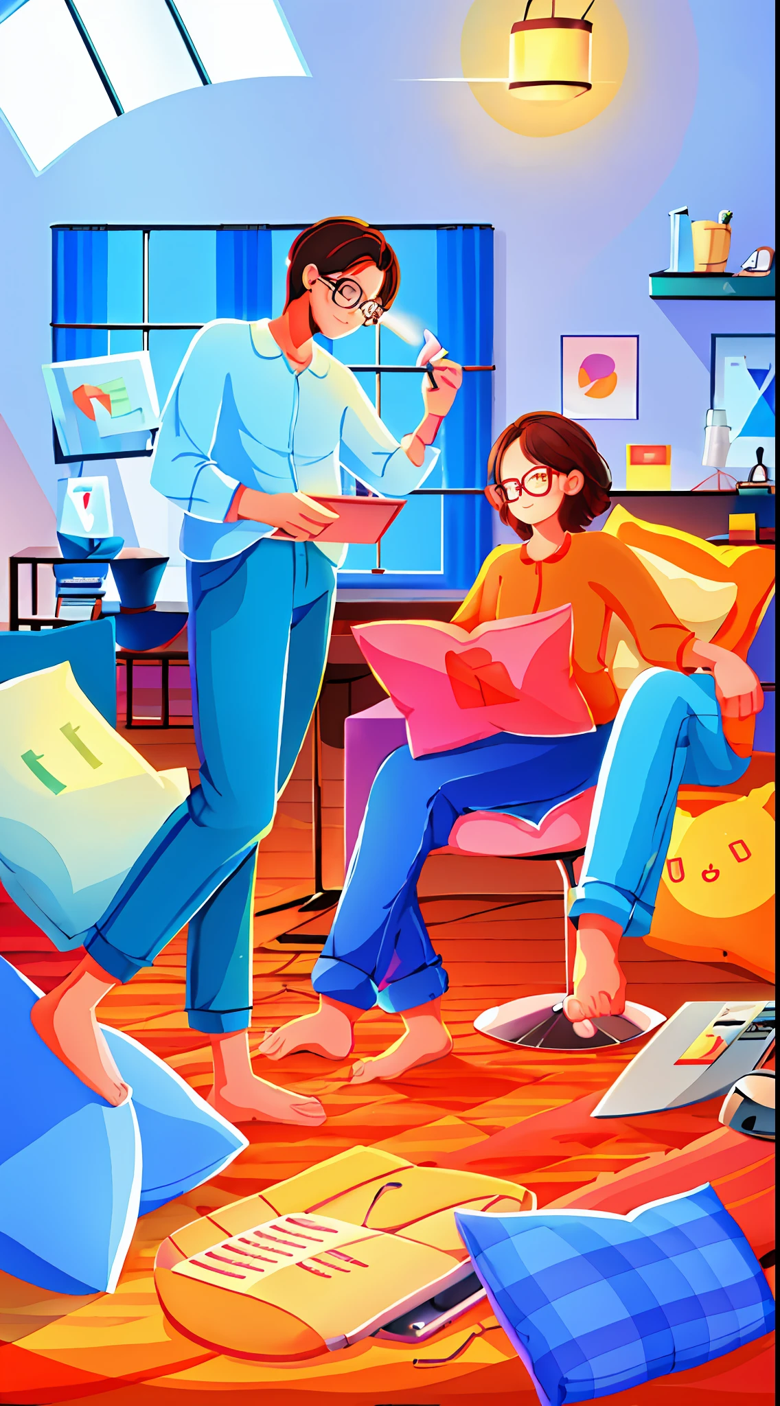 1girll, cat, Glasses, laptop, sofe, window, Barefoot, Computer, Brown hair, pajamas, Short hair, Indoors, pillow head, Sitting, a tablet, Pants, lamp lights