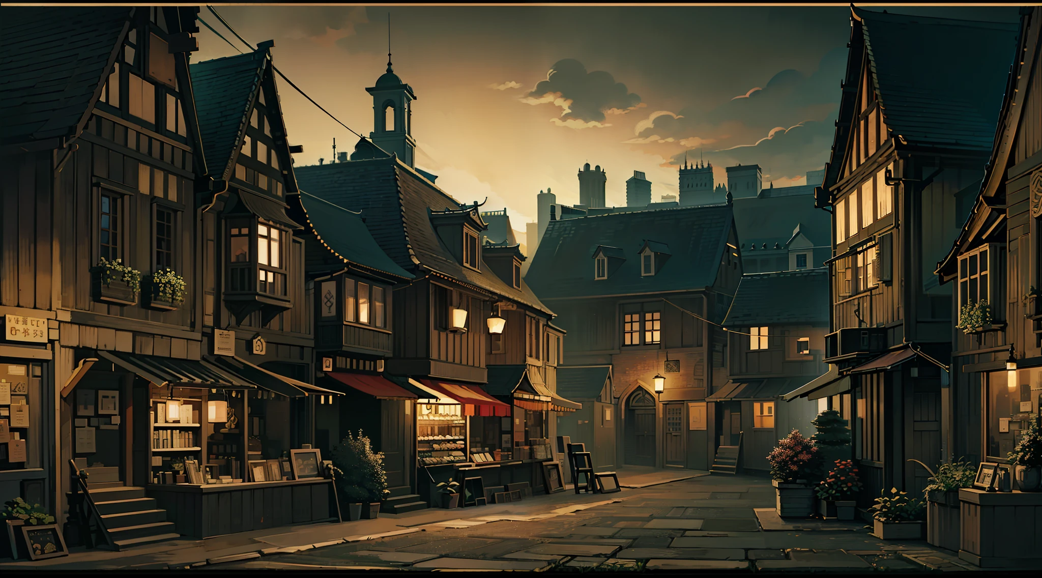 the night，A square，There are two streets，Many magical buildings from the Middle Ages，There are many vendors selling magical supplies in the surrounding area，Look up，depth of fields。4K。highly details，Realistic textures。