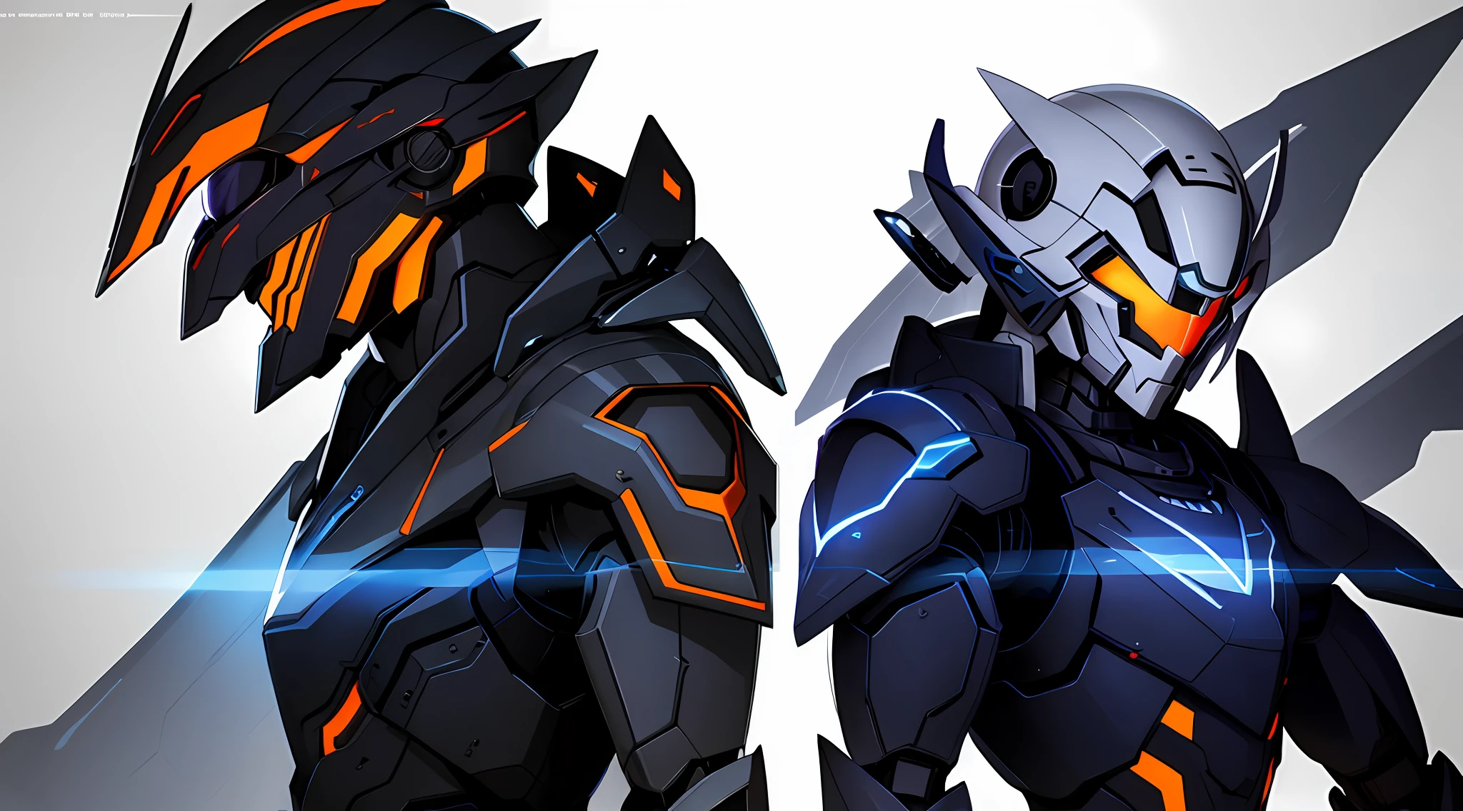 There are two men wearing mechs，zerochan art, Detailed digital anime art, inspired by Krenz Cushart，white backgrounid，Dark-tone mech，glowing light，