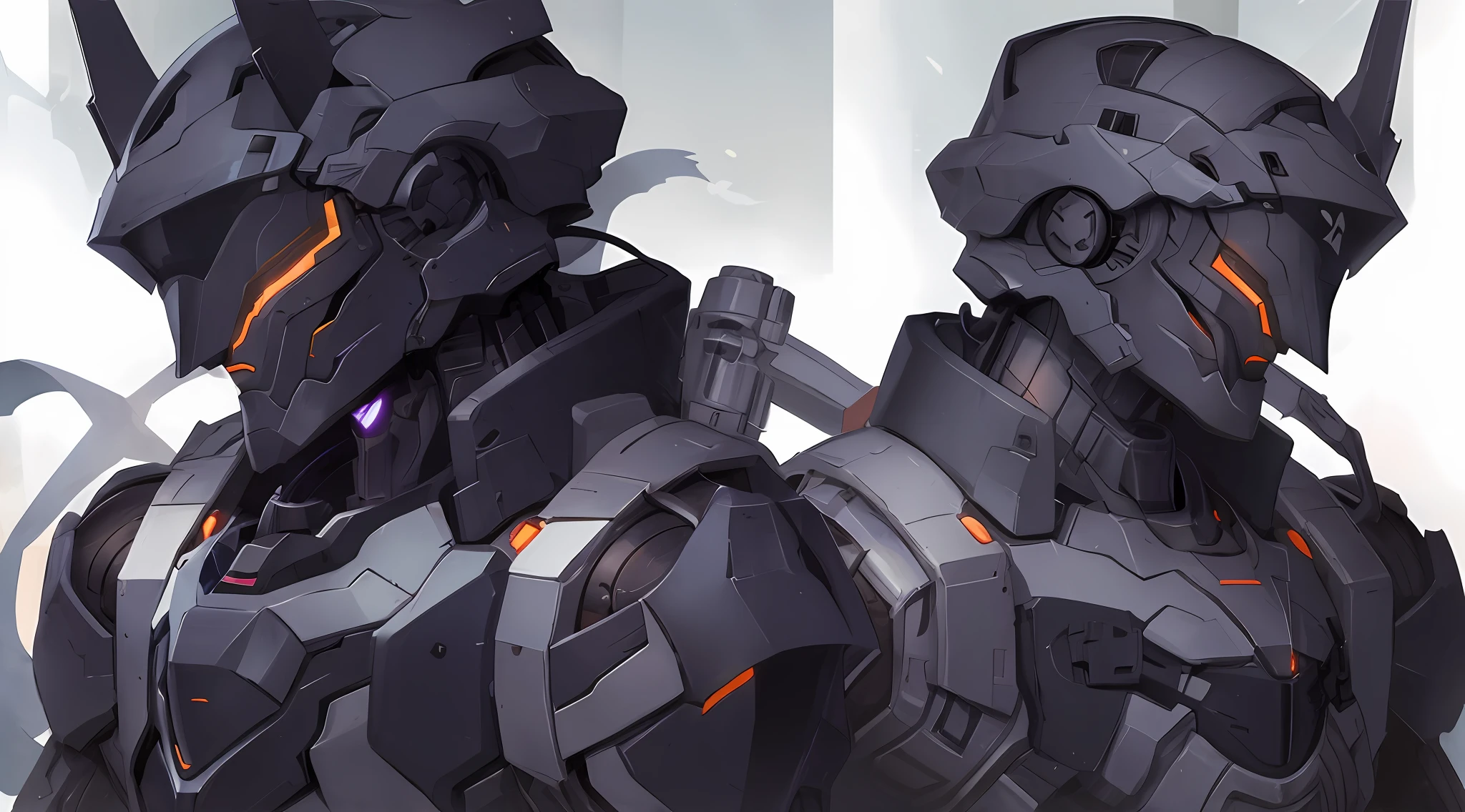 There are two men wearing mechs，zerochan art, Detailed digital anime art, inspired by Krenz Cushart，white backgrounid，Dark-tone mech，glowing light，