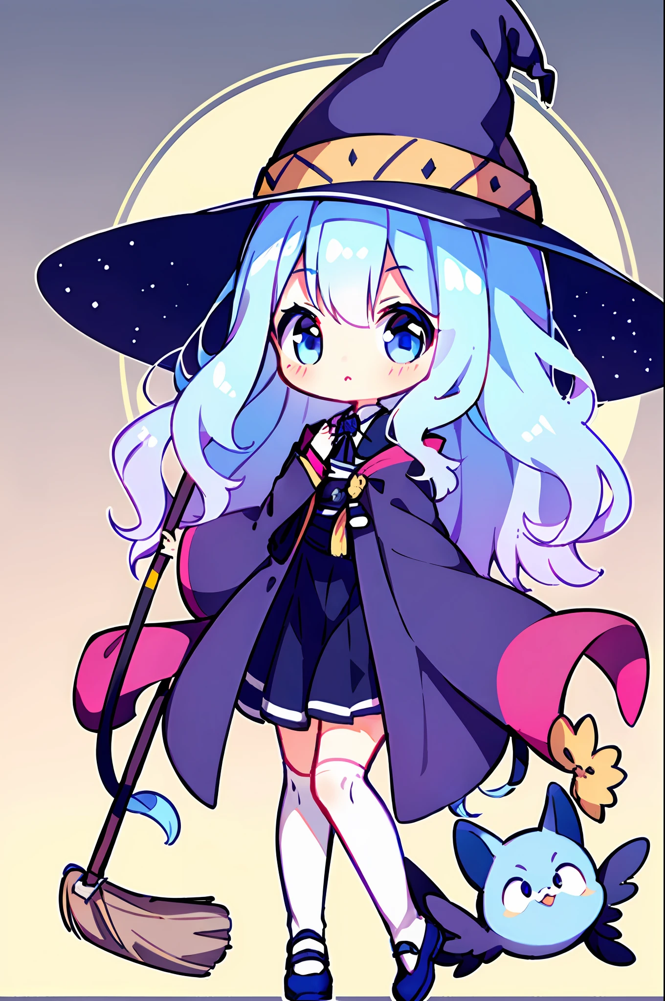 1 girl in、(High resolution of the highest quality)、((masterpiece best quality:1.2))、lightblue hair、Blue eyes、Blue Witch Hat、(Harry Potter robes)、white  shirt、the sleeves are fluffy、witch clothing、forested background、Have a broom、elementary student、Lori、Chiquita、Looking at the camera、Shy look、full bodyesbian、[[Bad face]], [[Fused fingers]]