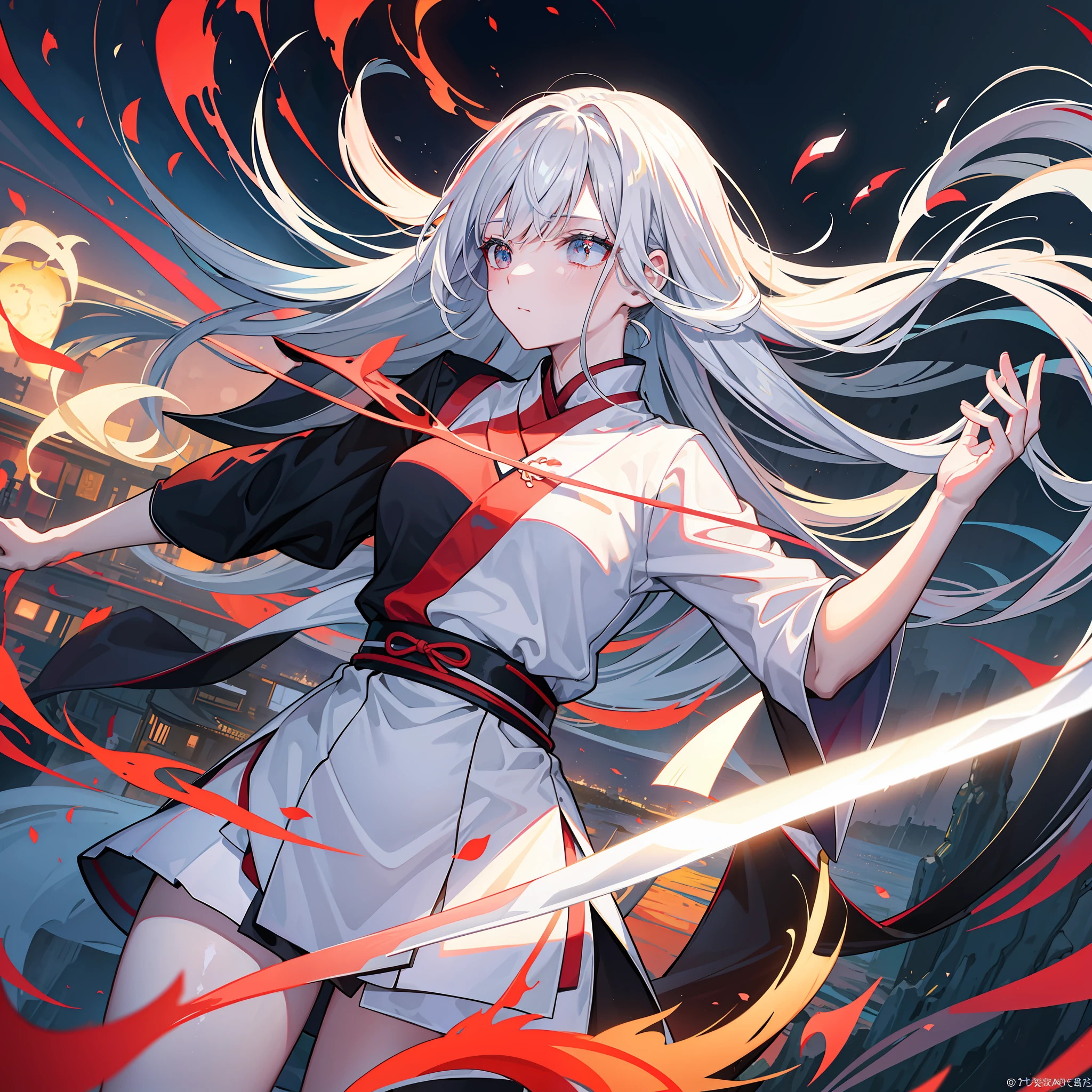 RAW photogr,best qualtiy,tmasterpiece,超高分辨率,(realisticlying:1.4),Anime a poster,1 hand holding a large long knife,two hands,wave,Traditional Chinese ink style,Girl Dragon Slayer,The main color is red, white, black ink,dynamic movements,dynamicposes,sport,full bodyesbian::1 Amazing Vector in oil painting environmental art cinematic, diorama, Complicated details, 独奏, shift dresses, floating_hair,Milky white skin