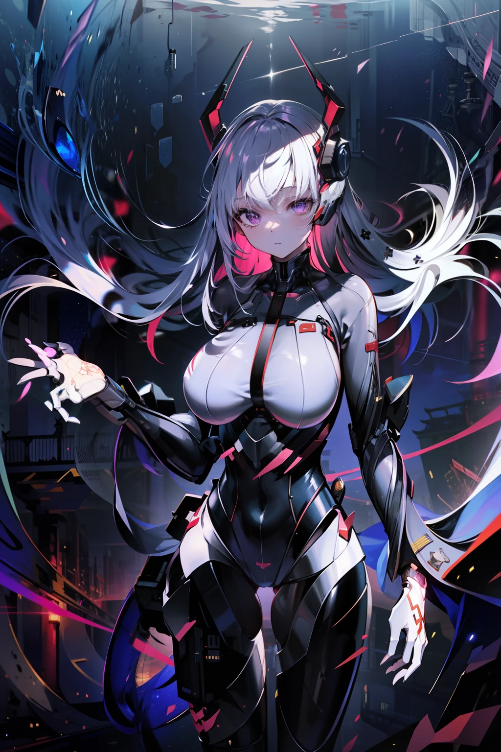 best qualtiy， tmasterpiece， A high resolution， 1girl，（8k， tmasterpiece： 1.3）， full bodyesbian，huge tit：5， long leges， Focalors： 1.2，（silber hair，： 1.8 ），Perfect beauty： 1.6， Slim abs，Masterpiece,Best quality,Ultra-detailed,very detailed illustration,Extremely detailed,Intricate details,A high resolution,super complex detail,extremely detailed 8k cg wallpape,Cowboy shot, Caustics,Reflection,Ray tracing,Demon Theme,Starcloud,Dark aura,cyber effect, (1girll:1.4),Solo,Alone,Mecha musume,mechanicalparts, robotjoints,single mechanical arm, Headgear, Mechanical Aura,Star halo,complex mechanical bodysuit, mecha corset, komono, Full armor, Very long hair, deep purple hair, hair between eye, multicolored hair, Colored inner hair, Purple eyes,glowing light eyes,eye trail, Random expressions,random action, Ancient Japanese architecture,pond, Starry sky,skylines