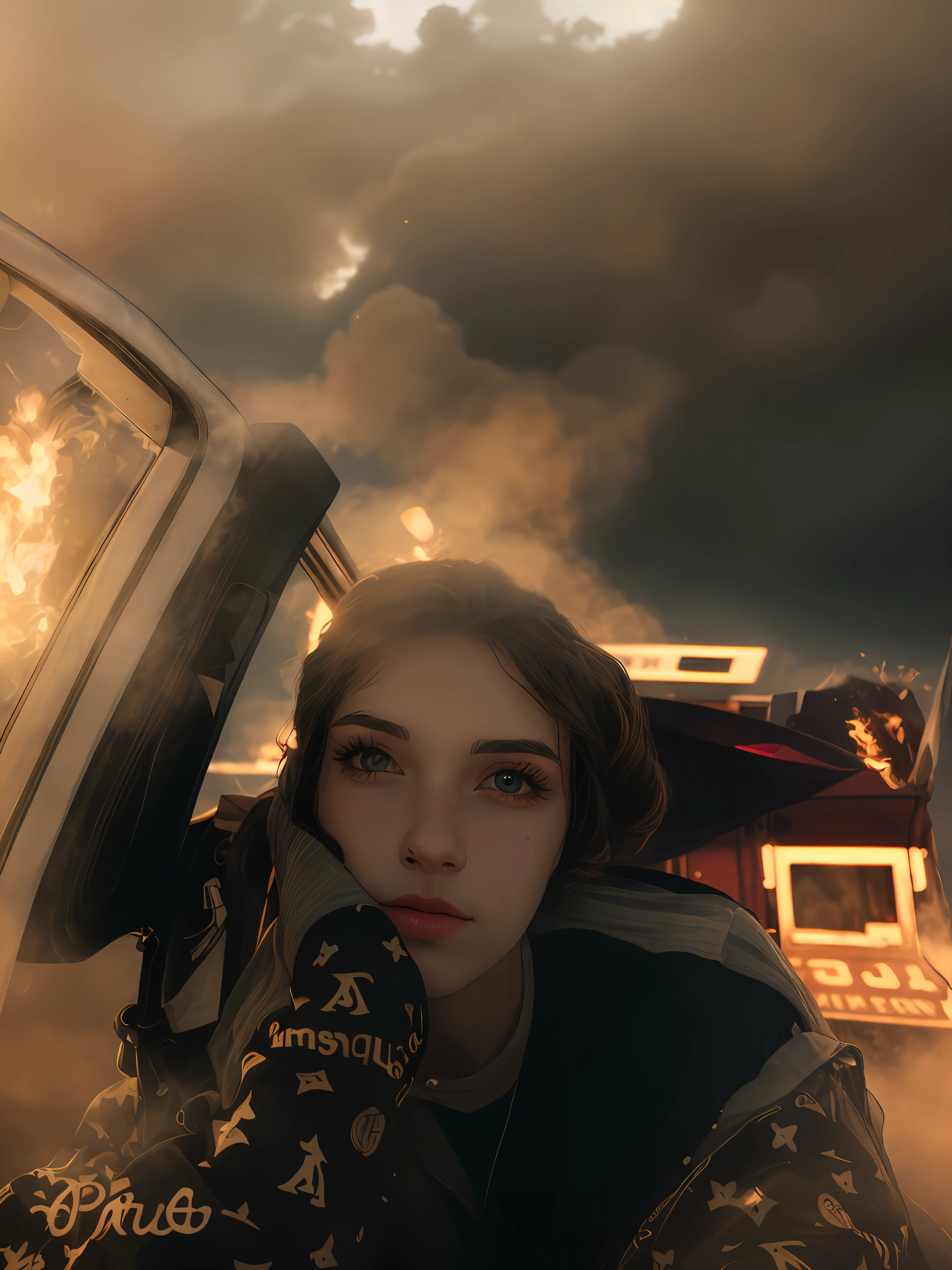 Close-up, beautiful girl, physical rendering photo of an 21 year old girl, curls, freckles, unbuttoned, white blouse, black background, light on face, dream, magical atmosphere, cinematic lighting, embers, fantasy, action pose, mist, CRU photo, 8k uhd, film grain