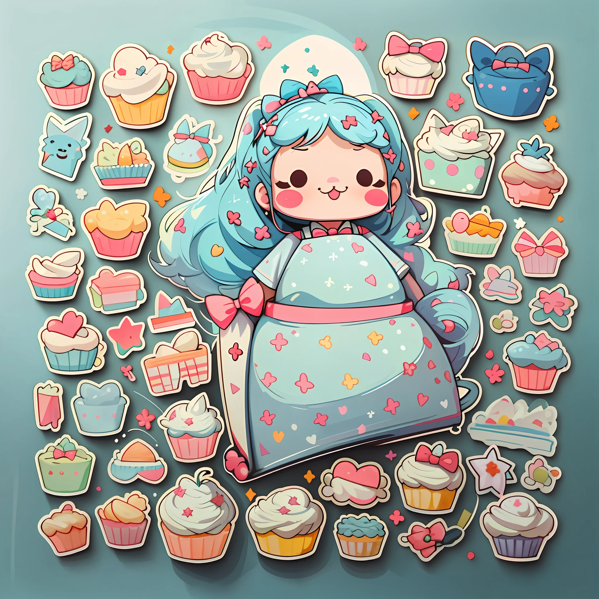 a sticker， stickfigure，Cute bow tie，cute hairpin，Cute bow，Cute tiara， Cupcakes，light blues，solid color backdrop， Character focus low saturation