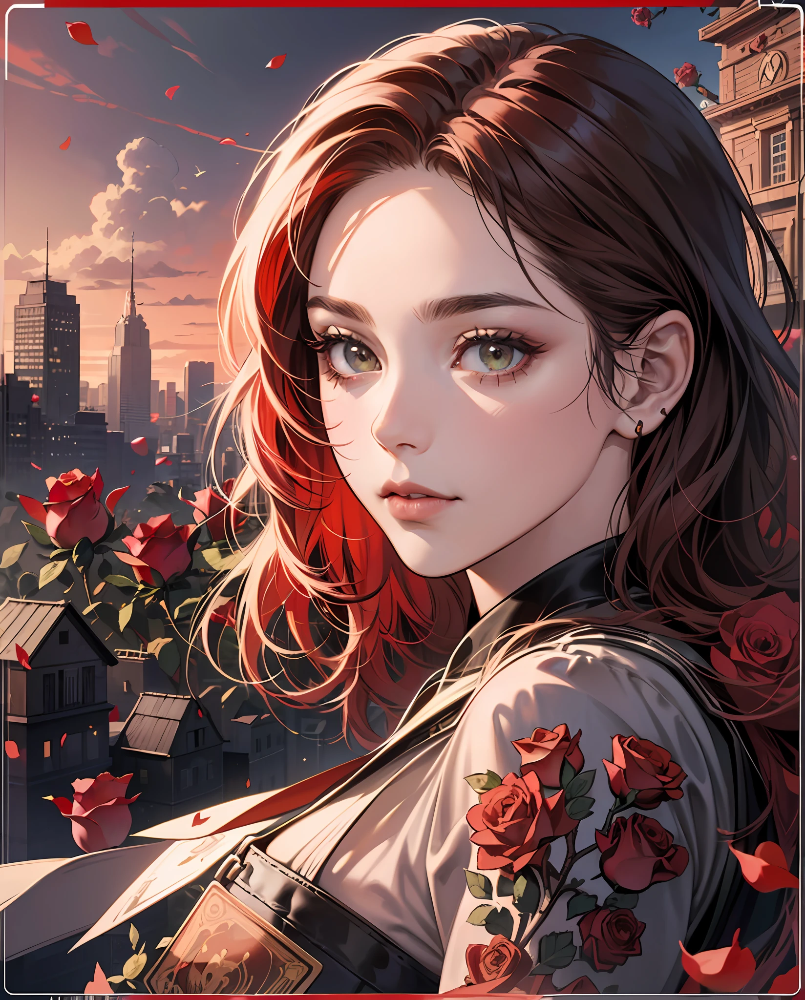 Tarot card, Close up face shot of a beautiful woman looking at the camera, (((card title surrounded by roses at the bottom))), tarot card frame, tatoos, lots of tatoos, rose tatoos, red hair, (((black skin))), (((survivor clothes))), extremely beautiful face, model face, divine beauty, post apocalyptic city, Ultra realistic photo of a post apocalyptic city in the background, masterpiece, best quality, CG, wallpaper, HDR, high quality, high-definition, extremely detailed, (detailed light){{intricate detail}}, {highres}, beautiful light, red light, chiaroscuro, anime style, key visual, intricate detail, highly detailed, breathtaking, vibrant, cinematic, detailed background, (((extremely red hue))) --auto --s2