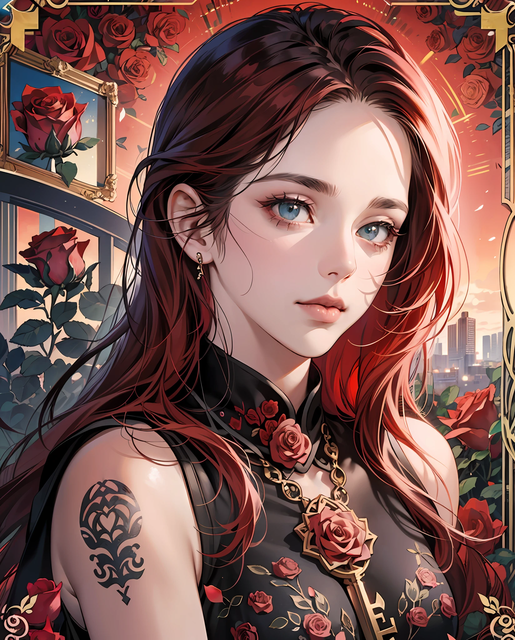 Tarot card, Close up face shot of a beautiful woman looking at the camera, (((card title surrounded by roses at the bottom))), tarot card frame, tatoos, lots of tatoos, rose tatoos, red hair, (((black skin))), (((survivor clothes))), extremely beautiful face, model face, divine beauty, post apocalyptic city, Ultra realistic photo of a post apocalyptic city in the background, masterpiece, best quality, CG, wallpaper, HDR, high quality, high-definition, extremely detailed, (detailed light){{intricate detail}}, {highres}, beautiful light, red light, chiaroscuro, anime style, key visual, intricate detail, highly detailed, breathtaking, vibrant, cinematic, detailed background, (((extremely red hue))) --auto --s2