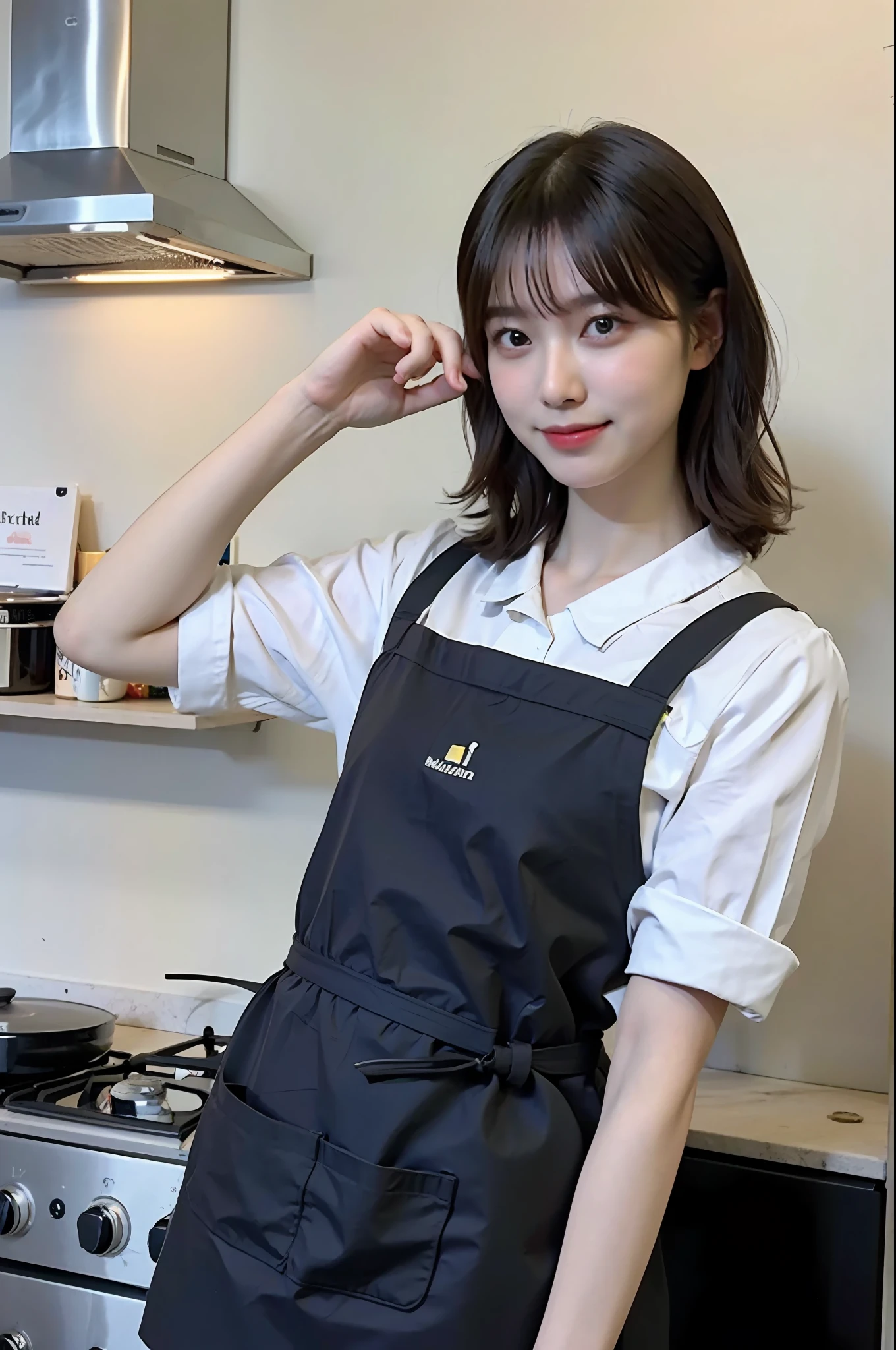 a woman is cooking、(kitchen_apron:1.Wear 3)、good hand、4K、hight resolution、​masterpiece、top-quality、cap:1.3、((Hasselblad photo))、Fine skin、foco nítido、(lighting like a movie)、Soft lighting、dynamic ungle、[:(详细的脸:1.2):0.2]、medium chest、sweats streamed skin:1.2、(((In the kitchen))) a smile