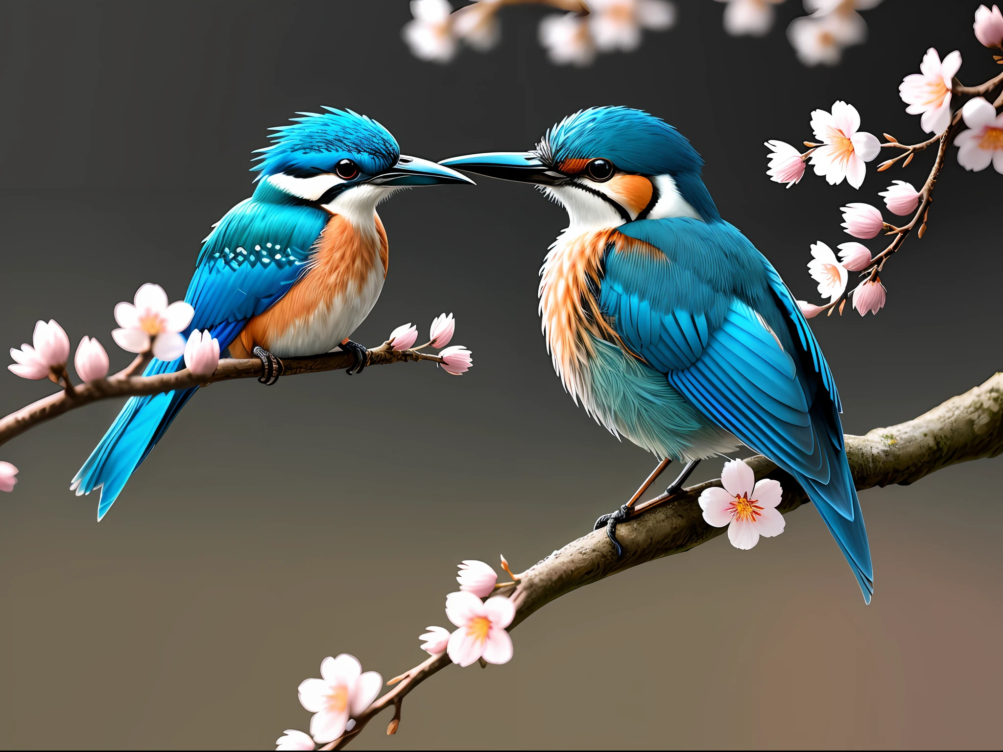 Superb Kingfisher Near White Cherry Blossoms on Branches, Dark, Dawn, (Cold Morning: 1.1), (Morning Dew: 1.15), Realistic Photography, (Low Photo: 1.2), Detail, 8K, Intricate Folded Feathers, Water Droplets on Feathers, (to8contrast style), (MIST: 0.7), Bright Colors, Sony a6600 Mirrorless Camera, embellish2 --v 6