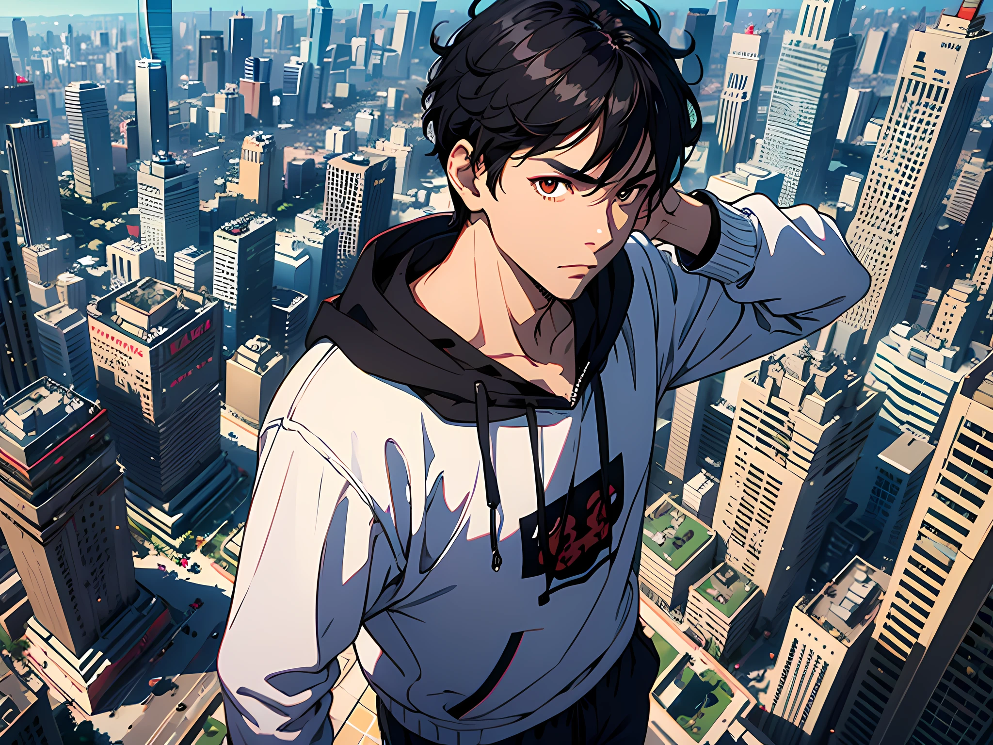 A man in ordinary clothes,Stand on top of a tall building,Behind it is a huge pyramid,Surrounded by boundless wealth and luxury。black color hair,Black sweatshirt,male people,with brown eye,Handsome,18yr old,hyper HD,tmasterpiece,high detal,high qulity,best qualtiy,A high resolution,4K分辨率,8K分辨率,16K resolution,Works of masters