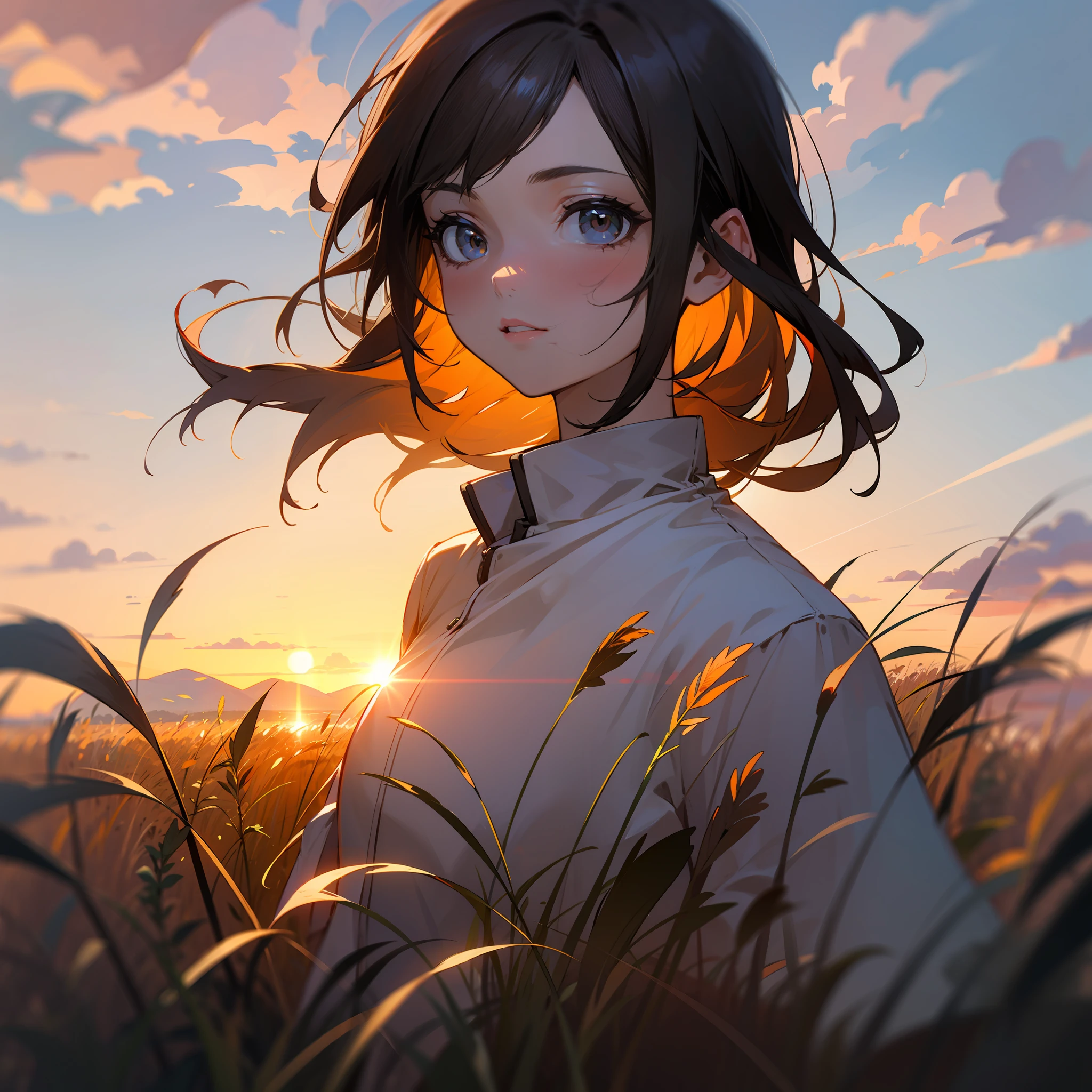 girl standing in field, closeup, portrait, clouds, sunrise