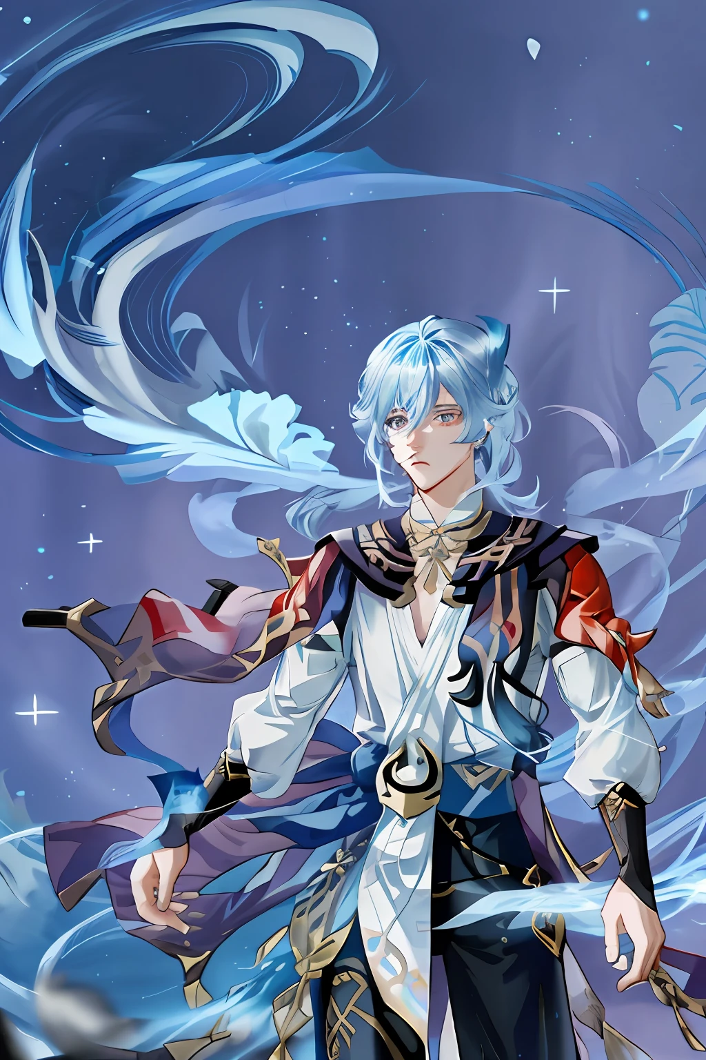 anime - style image of a man in a white shirt, black pants, embroidered clothes, kaveh from genshin impact, genshin impact character, genshin, genshin impact style, video game genshin impact, delicate androgynous prince, magic effect swirls on background, ((light blue glowing hair)), ((light blue glowing eyes)), space and stars and galaxies on background