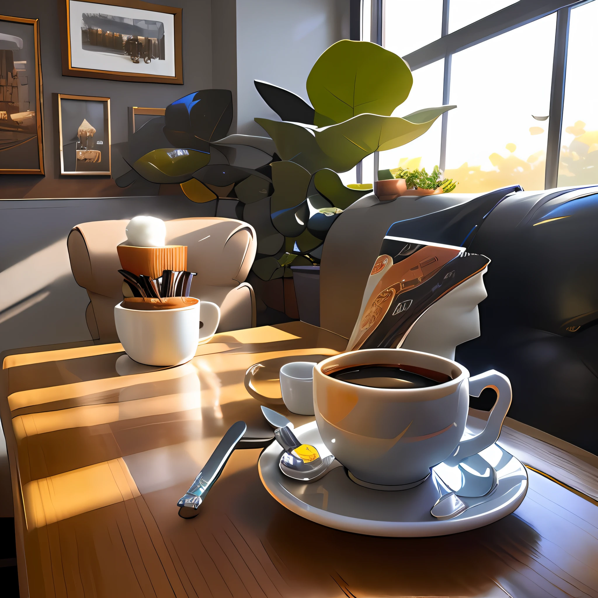 there is a cup of coffee on a saucer on a table, cozy cafe background, morning coffee, A coffee, coffee mug, Amazing wallpapers, kawa, high detailed official artwork, portrait of morning coffee, highly detailed scenario, photorealistic illustration, arte de fundo, Relaxing concept art,
