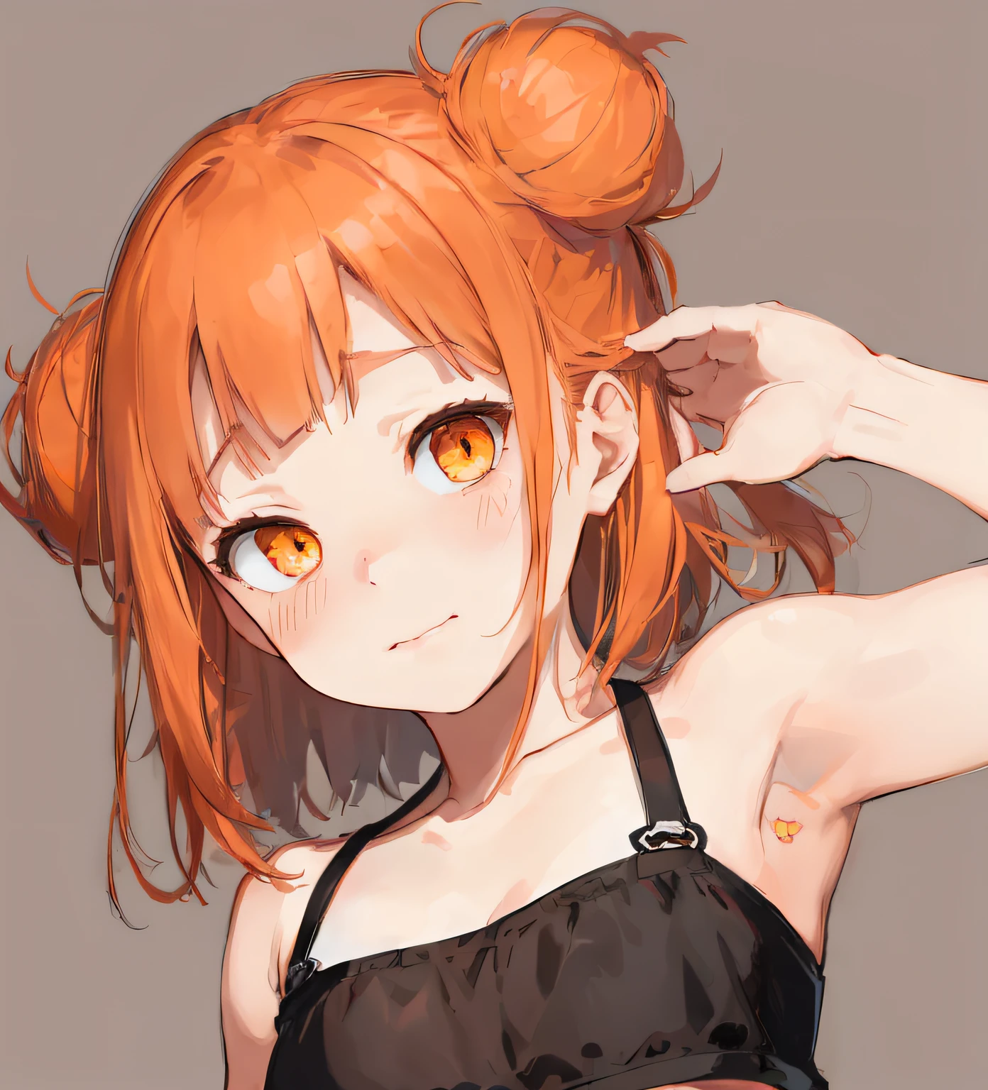 (portrait:1.5), face only, front view , masterpiece, best quality, ultra-detailed, 8k, illustration, an extremely delicate and beautiful, cute, 1girl, solo, (tube top), orange hair, brown eyes, glowing eyes, bags under one’s eyes, simple background, (tube top), bikini, face only,  (face:1.5)