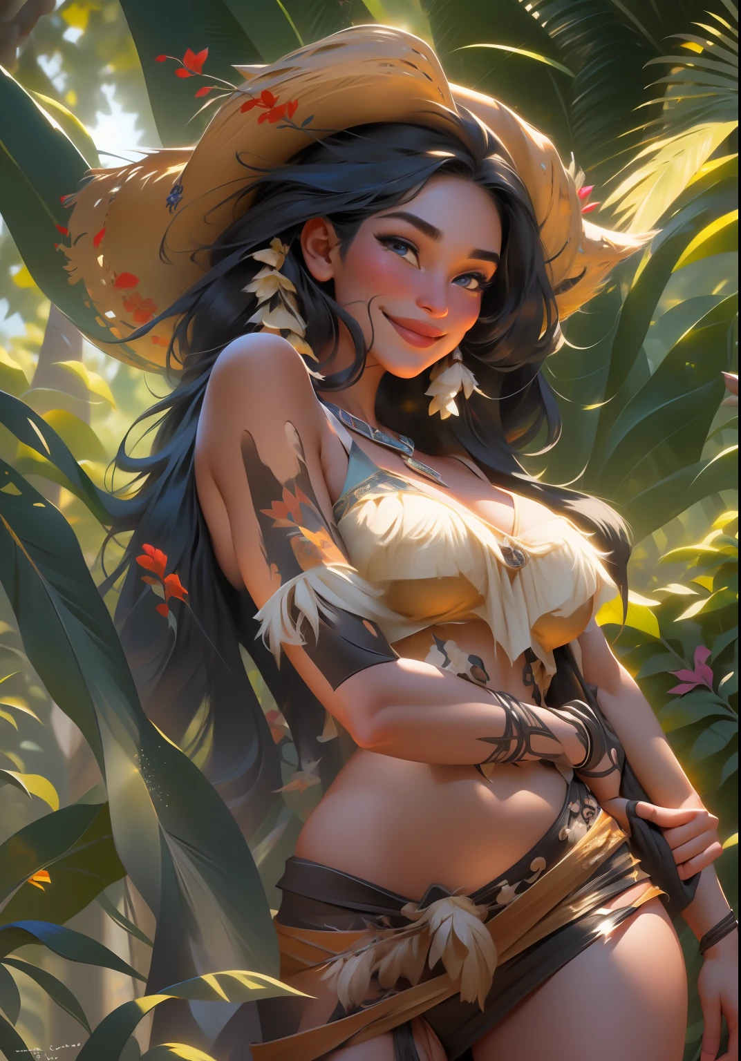 (PocahontasWaifu:1), smile, cute, cute pose, looking at viewer, thick thighs, (tribal, dress:1),

(realistic:1.2), (realism), (masterpiece:1.2), (best quality), (ultra detailed), (8k, 4k, intricate),(full-body-shot:1),(Cowboy-shot:1.2), (85mm),light particles, lighting, (highly detailed:1.2),(detailed face:1.2), (gradients), sfw, colorful,(detailed eyes:1.2),

(detailed ladscape, jungle, vegetation:1.2),(detailed background),detailed landscape, (dynamic angle:1.2), (dynamic pose:1.2), (rule of third_composition:1.3), (Line of action:1.2), wide shot, daylight, solo,