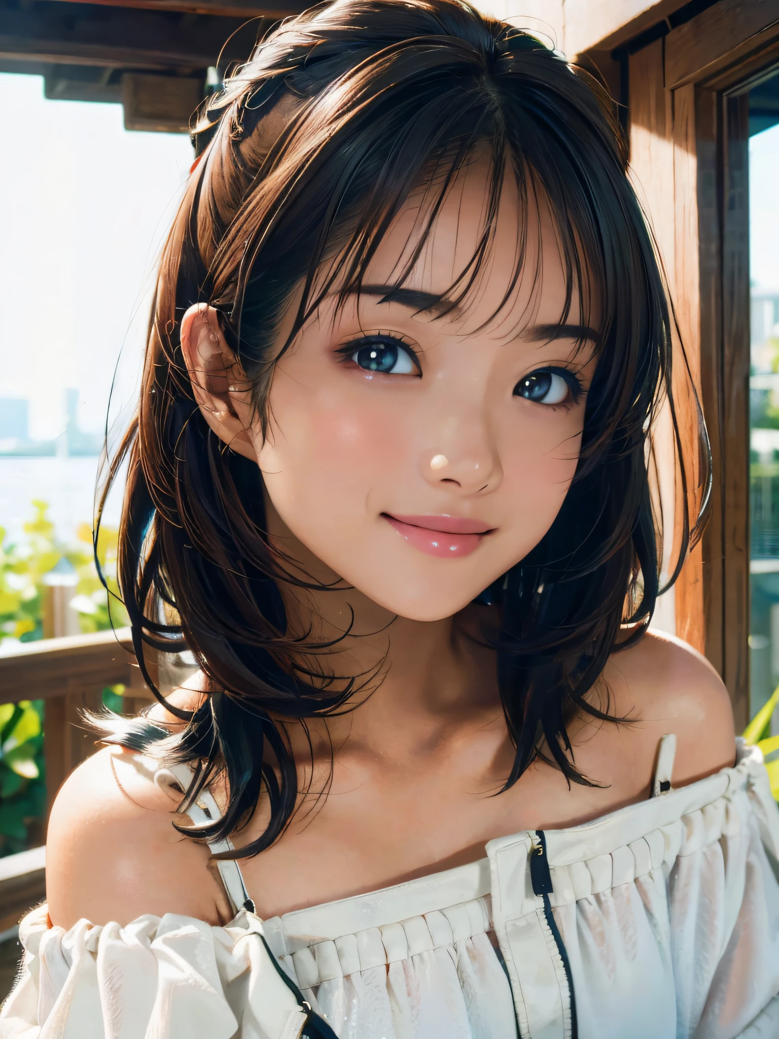 (Best Quality:1.2, 8K, Sharp Focus, master piece: 1.2, natural Light, extremely details CG, beautiful Girl, reality, Detailed face textures, Realistic skin, beautiful makeup, Detailed bangs)), (depth of fields), Bokeh background, Head tilt, Smile, closes mouth, shiny black long hair, Cowboy Shot, white bare top mini dress, jacket off shoulder, wind