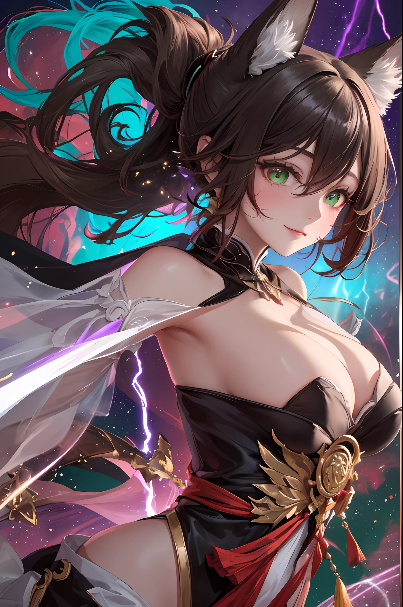 (Dynamic angle, upper body,Half-open eyes,Empty eyes,Purple Lightning Special Effect,imid shot, Purple particle effect,artistic effect:1.2),(floating hair:1.2), (detailed and delicate and flexible eyes),(1girl,solo,arm, Tingyun (Honkai Star Rail),splash ink,evil smile,blush,shout,dark brown hair,green eyes,bare shoulders, jewerly, ponytail, medium hair, brown hair, dress, large breasts, detached sleeves,Big two fox ears:1.2), (corrpution:1.15), fov,f/1.8, side lighting, sunlight ,(masterpiece, best quality, Ultra Detail, wallpaper, detailed shiny skin, flawless, 8k, RAW, highres,absurdres,:1.3), (detailed super oily shiny skin:1.1), colorful, power,