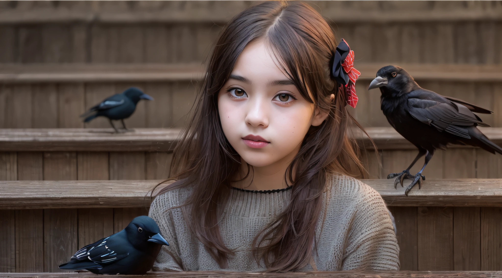 CHILD girl with a black bow and a black dress, girl with dark brown hair, girl with brown hair, black hair ribbons, a beautiful -age l, wearing hair bow, young girl, brown hair and big eyes, half-length photo, photo of young woman, young, beautiful girl, she is about 1 6 years oe is a black bird sitting on a wooden rail, long shiny thick black beak, closeup of some crows, cute crows, crows as a symbol of death, crow, crow bird, magpie, crow portrait!!!, black crow, dark crow, is looking at a bird, crows, male, crow, beautiful photo, closeup portrait shot, proud looking away, by Paul Bird