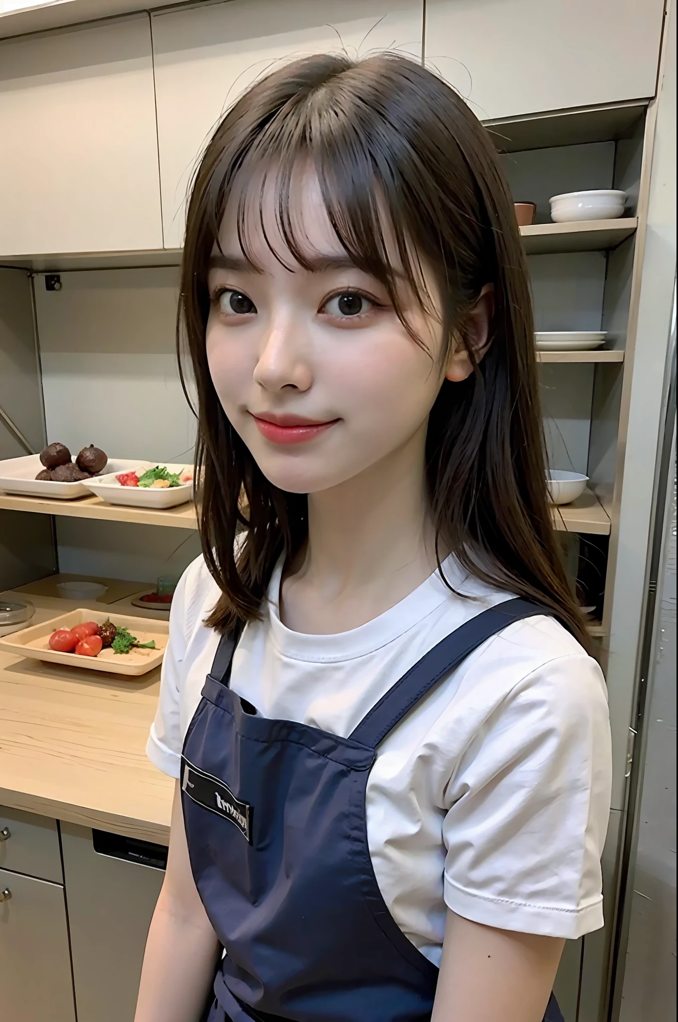 a woman is cooking、(kitchen_apron:1.Wear 3)、good hand、4K、hight resolution、​masterpiece、top-quality、cap:1.3、((Hasselblad photo))、Fine skin、foco nítido、(lighting like a movie)、Soft lighting、dynamic ungle、[:(详细的脸:1.2):0.2]、medium chest、sweats streamed skin:1.2、(((In the kitchen))) a smile　Viewer's Perspective