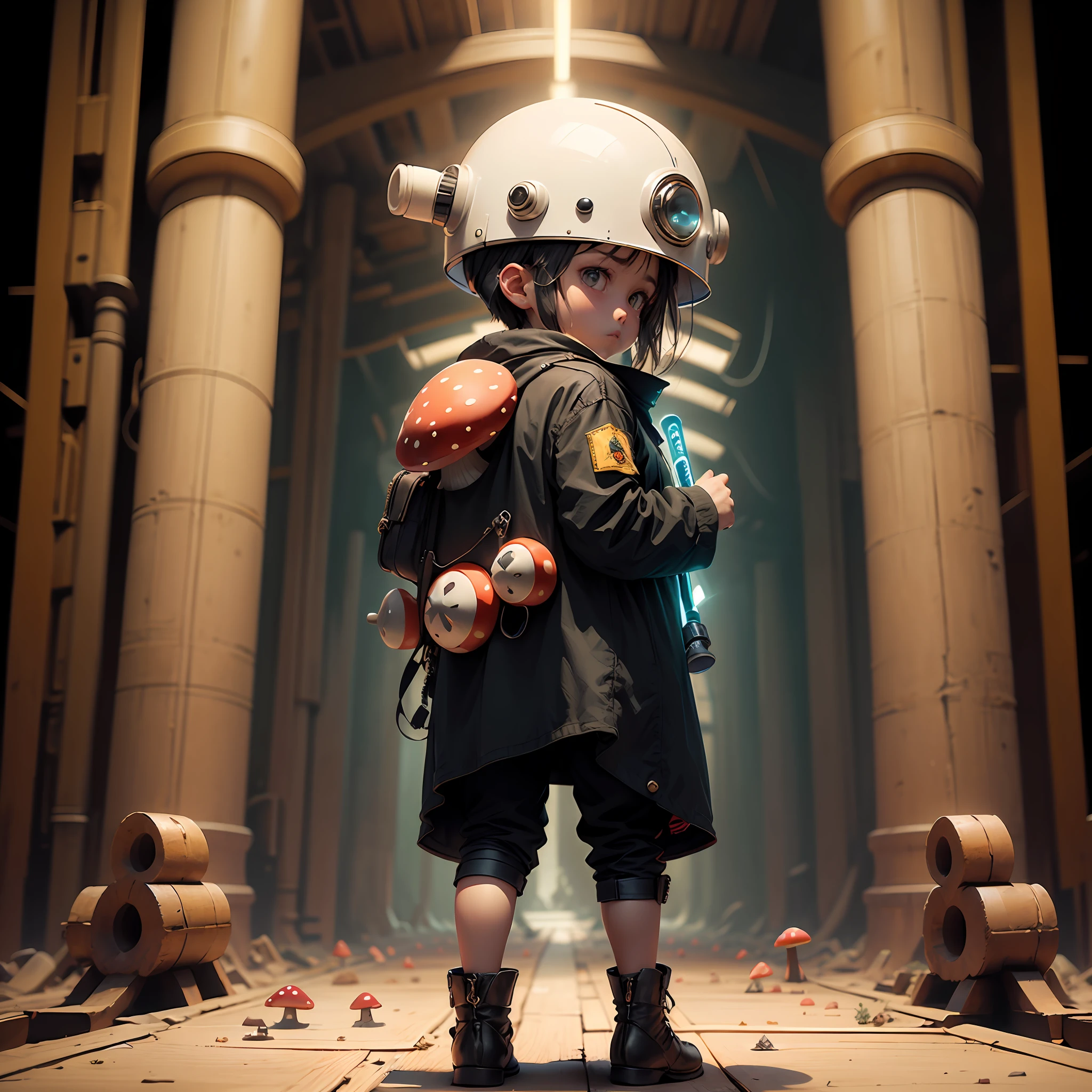 wearing black clothes,With a mushroom helmet,A boy with a lightsaber on his back --auto