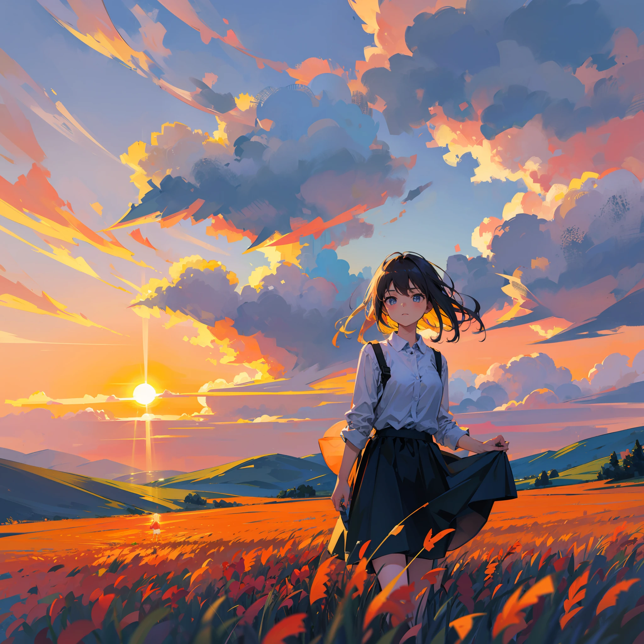 girl standing in field, closeup, portrait, clouds, sunrise