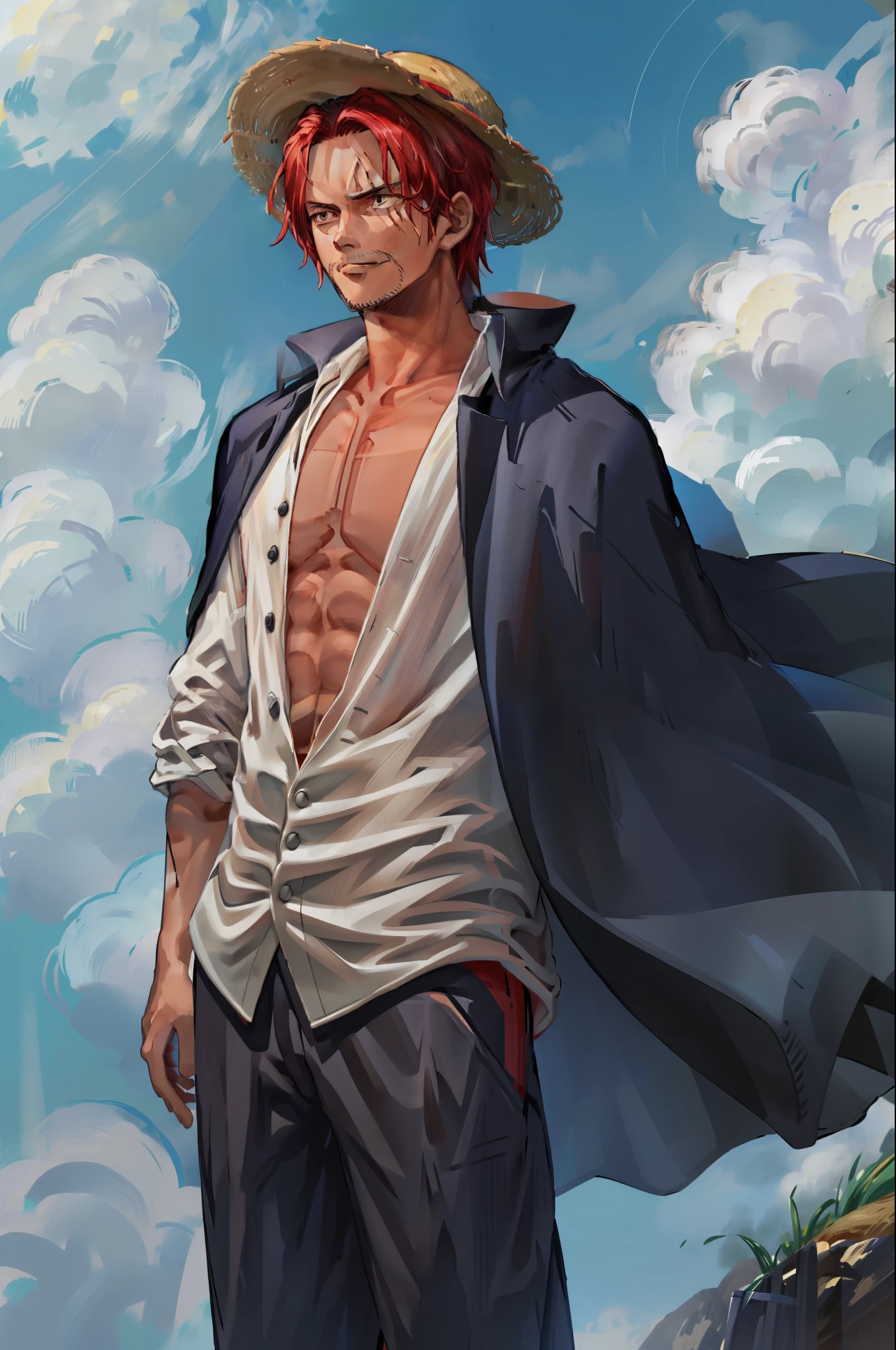 (masterpiece, best quality),  intricate details,
 1boy, man, red hair, straw hat, Shnks, shanks \(one piece\),  scar on face, short hair, shirt,  white shirt, male focus, open clothes, collared shirt, pants, cape, coat, open shirt, facial hair, scar, sandals,  pectorals, partially unbuttoned, pectoral cleavage, coat on shoulders, nature, scenery, upper body, straw hat,