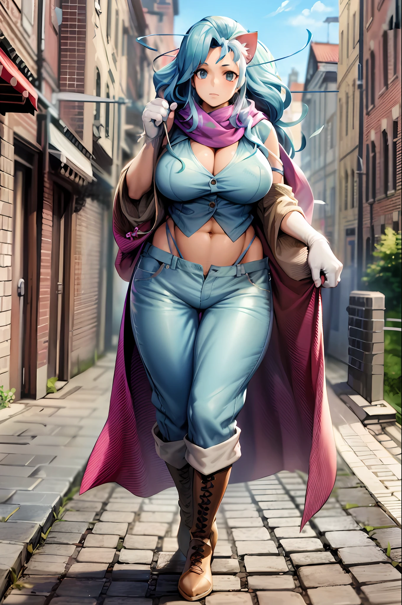 Masterpiece, Best quality, 1fille, blancs,Animal hands ,animal ears, cheveux longs,, walking, kimono, mature female, huge breast, bimbo, full clothed, european cloths, pants, vest, boots, cloak, scarf, midle age cloths, midle age thief