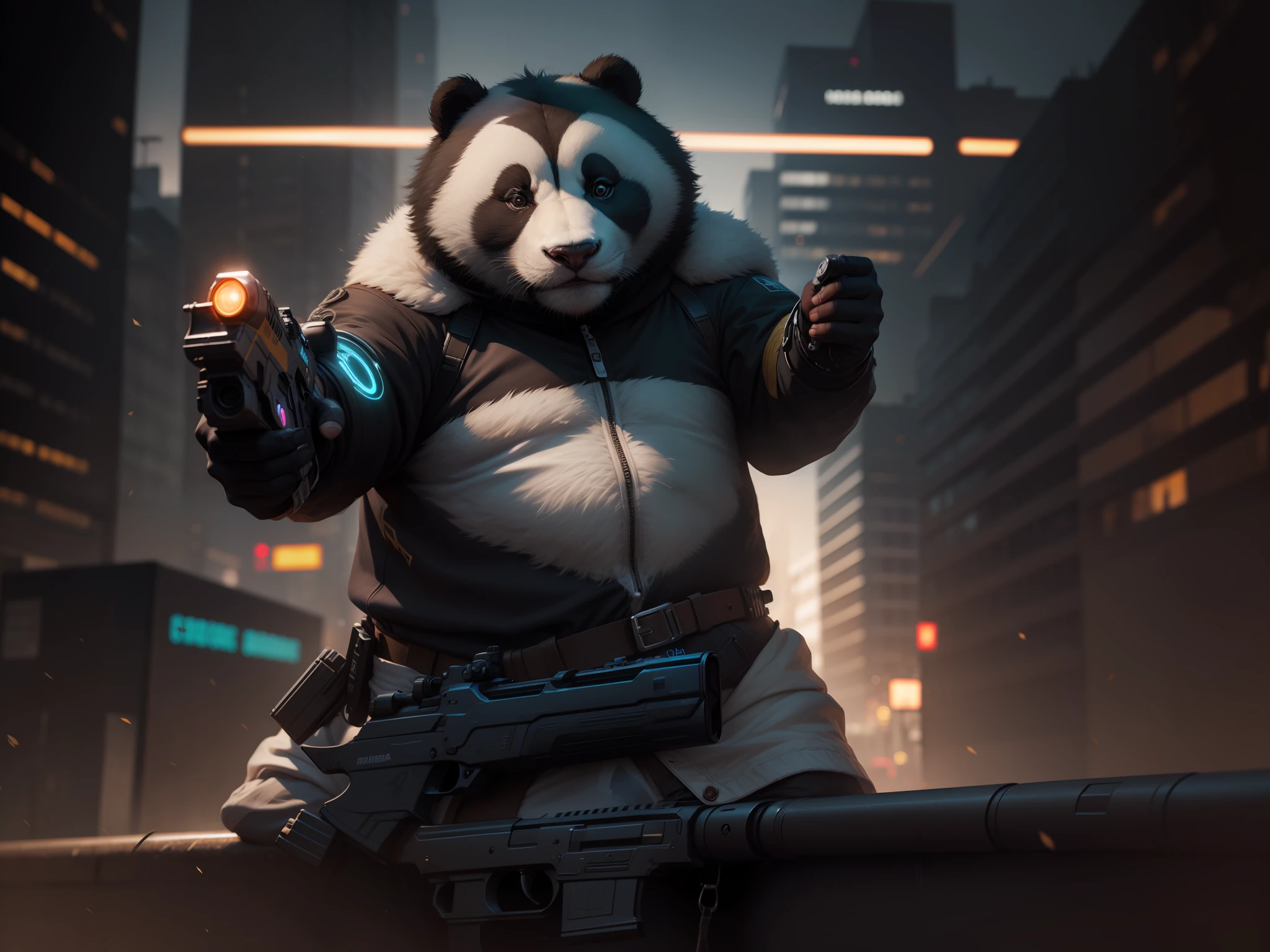 Change background cyberpunk handsome panda with gun realistic face, 8k, ultra realistic