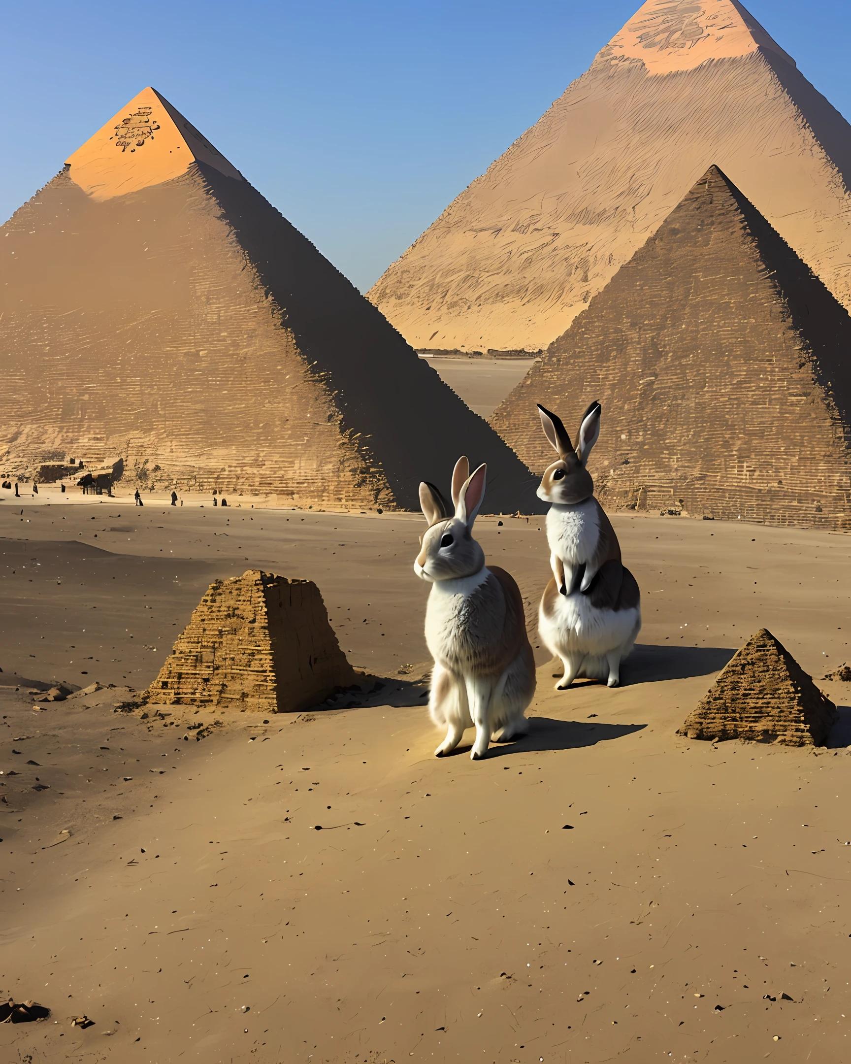 A rabbit standing at the tip of a pyramid