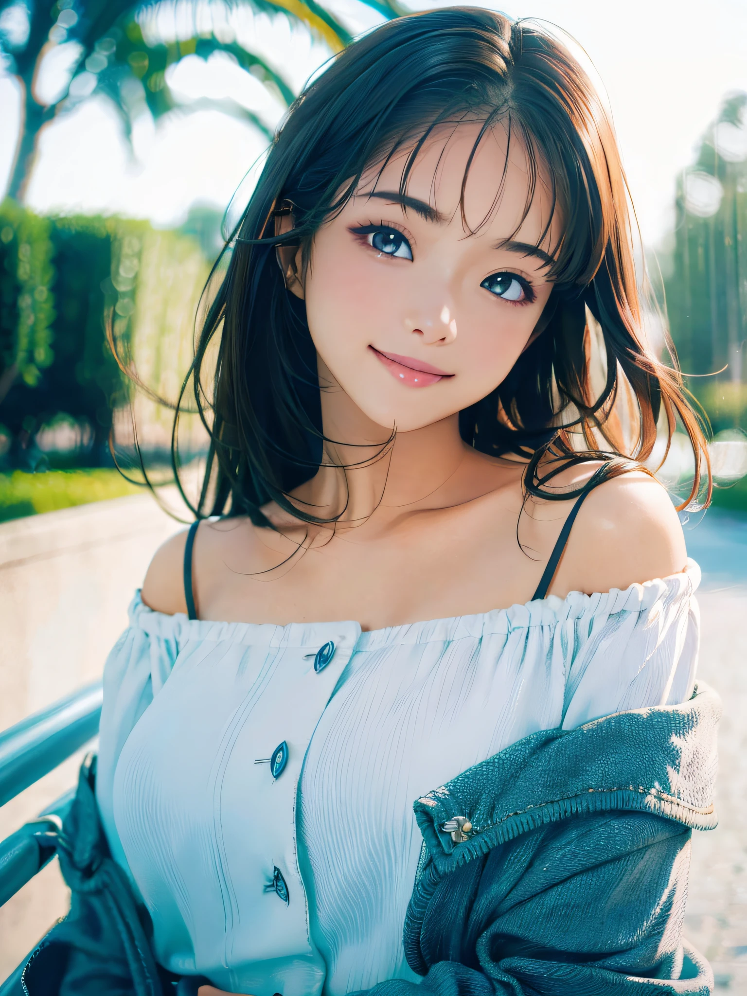 (Best Quality:1.2, 8K, Sharp Focus, master piece: 1.2, natural Light, extremely details CG, beautiful Girl, reality, Detailed face textures, Realistic skin, beautiful makeup, Detailed bangs)), (depth of fields), Bokeh background, Head tilt, Smile, closes mouth, shiny black long hair, Cowboy Shot, white bare top mini dress, jacket off shoulder, wind