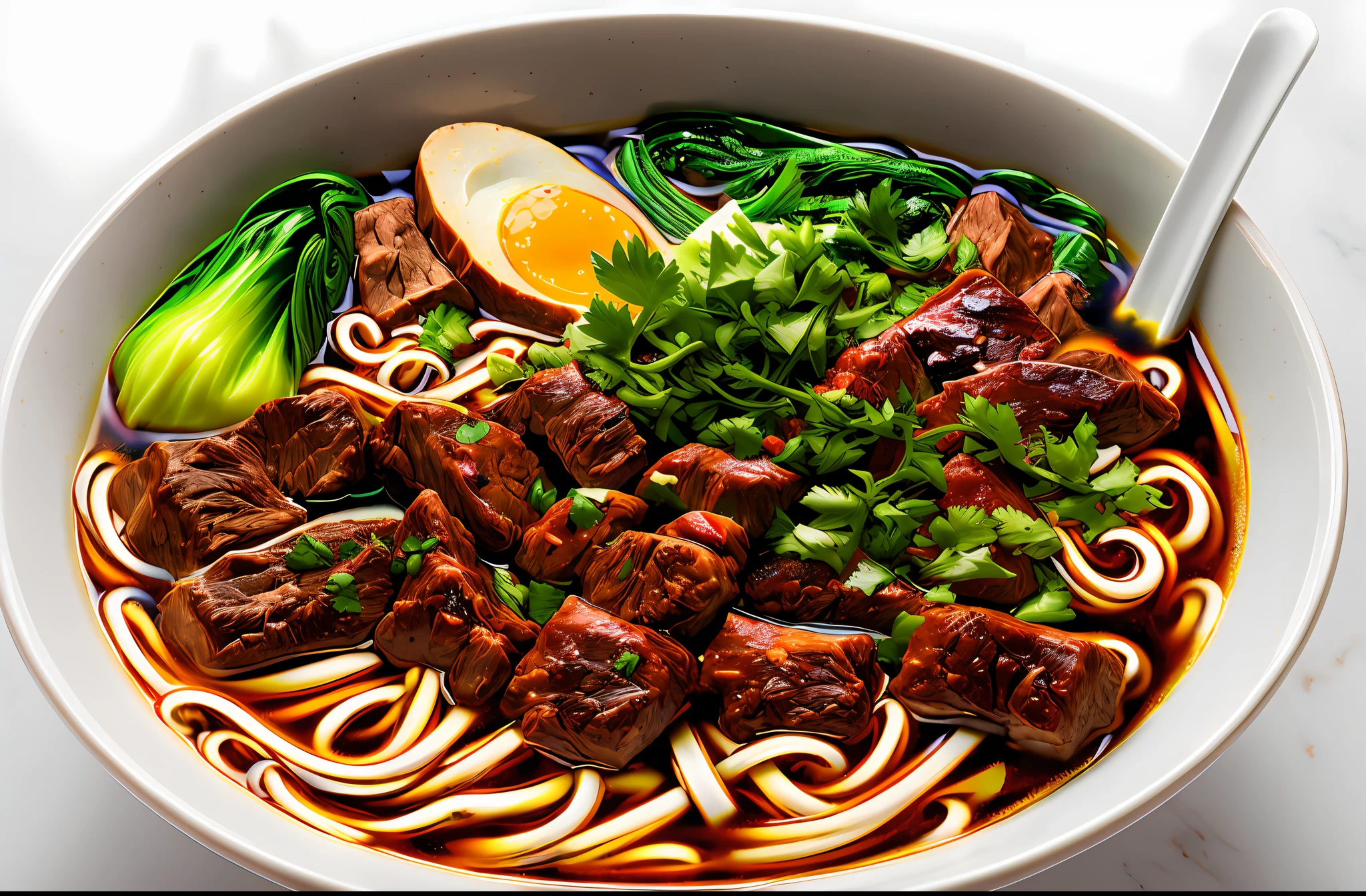 a bowl of beef noodle soup, ((masterpiece)),illustration,high detail, soft lighting, delicious, colorful, aesthetically pleasing, studio lighting, trending